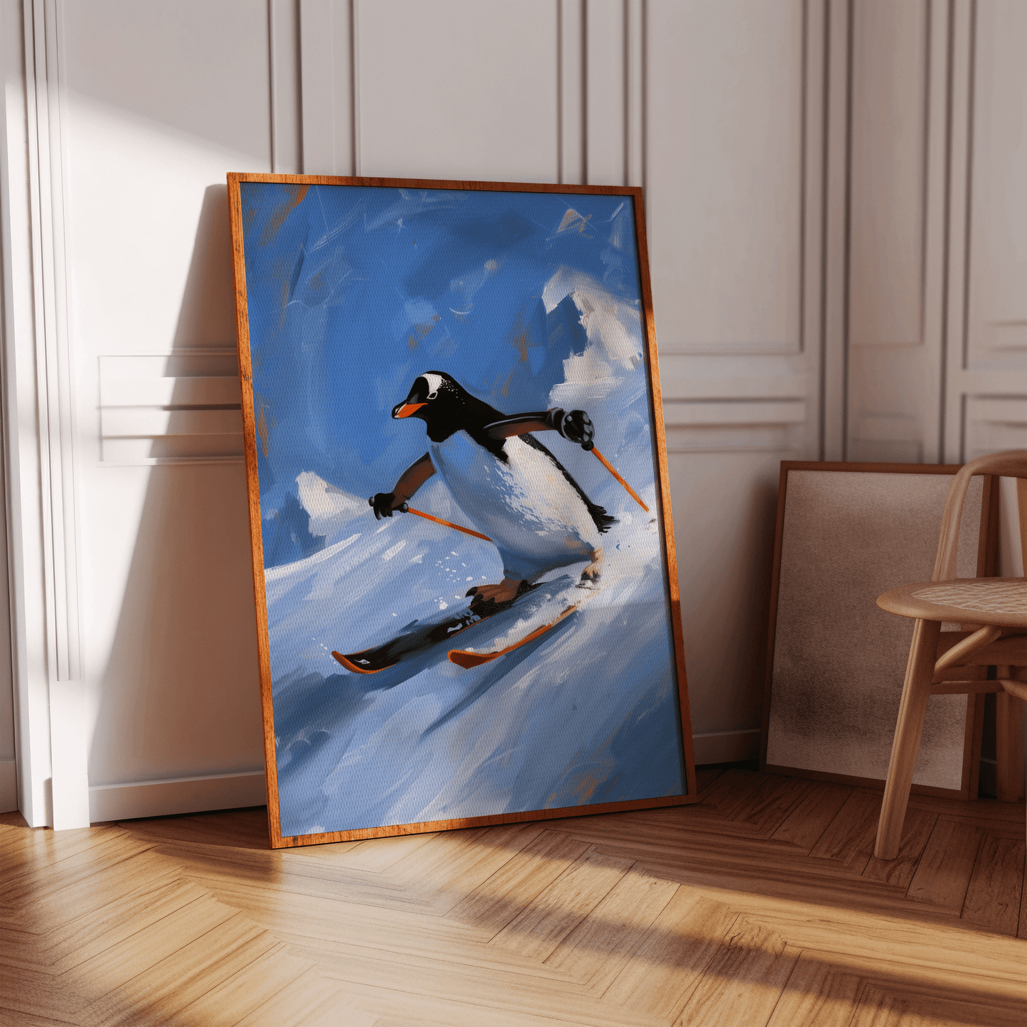 A framed poster of a penguin skiing through the North Pole mountains, holding ski poles, in an empty hallway.