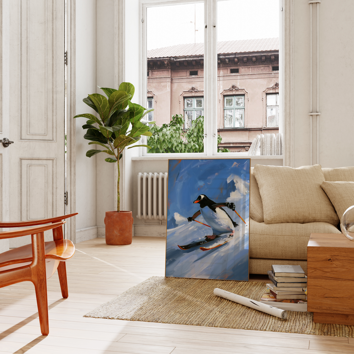 A penguin skiing through the North Pole mountains, in a Paw Prints framed poster leaning on a couch in the living room.