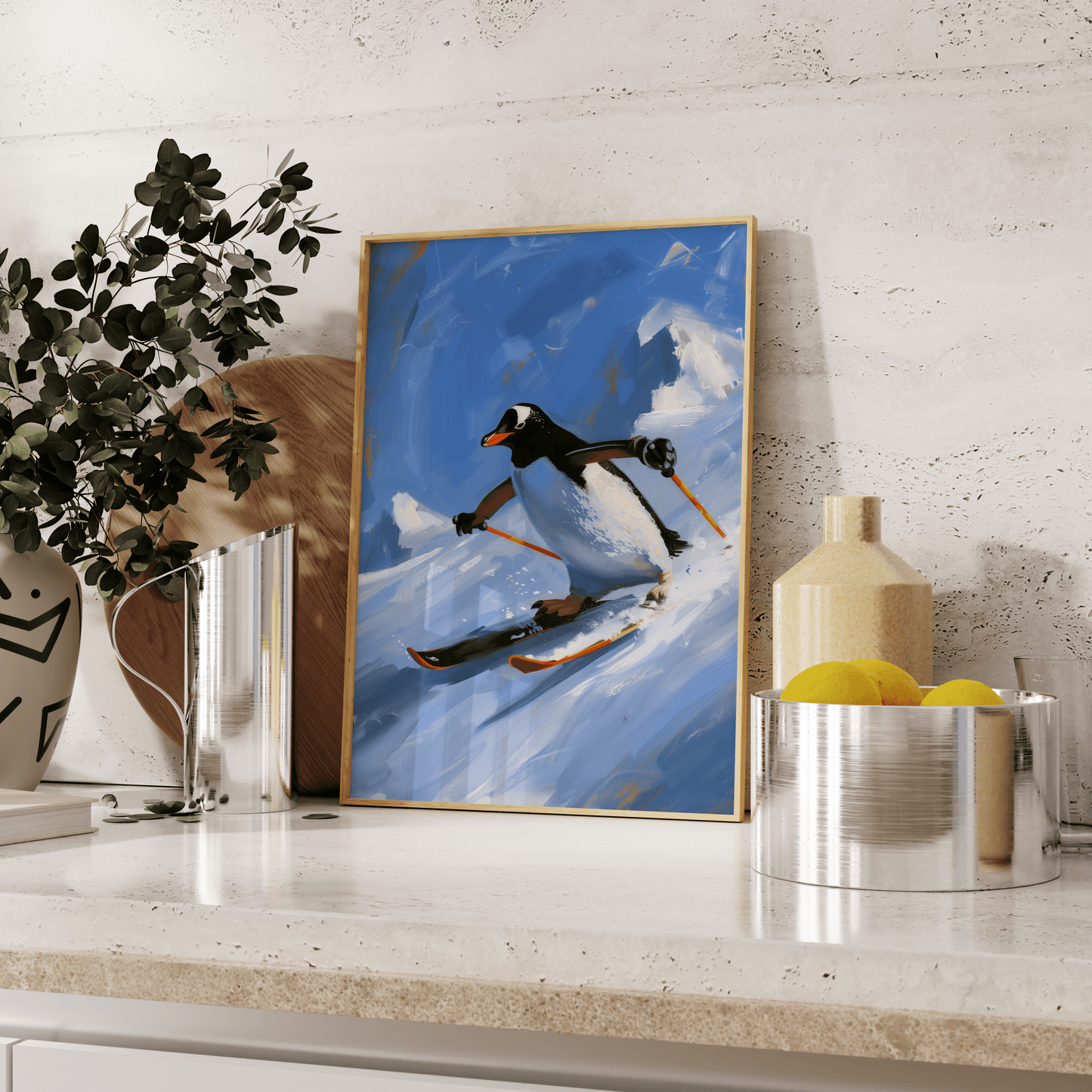 A penguin skiing through the North Pole mountains, in a Paw Prints framed poster leaning against the kitchen counter.