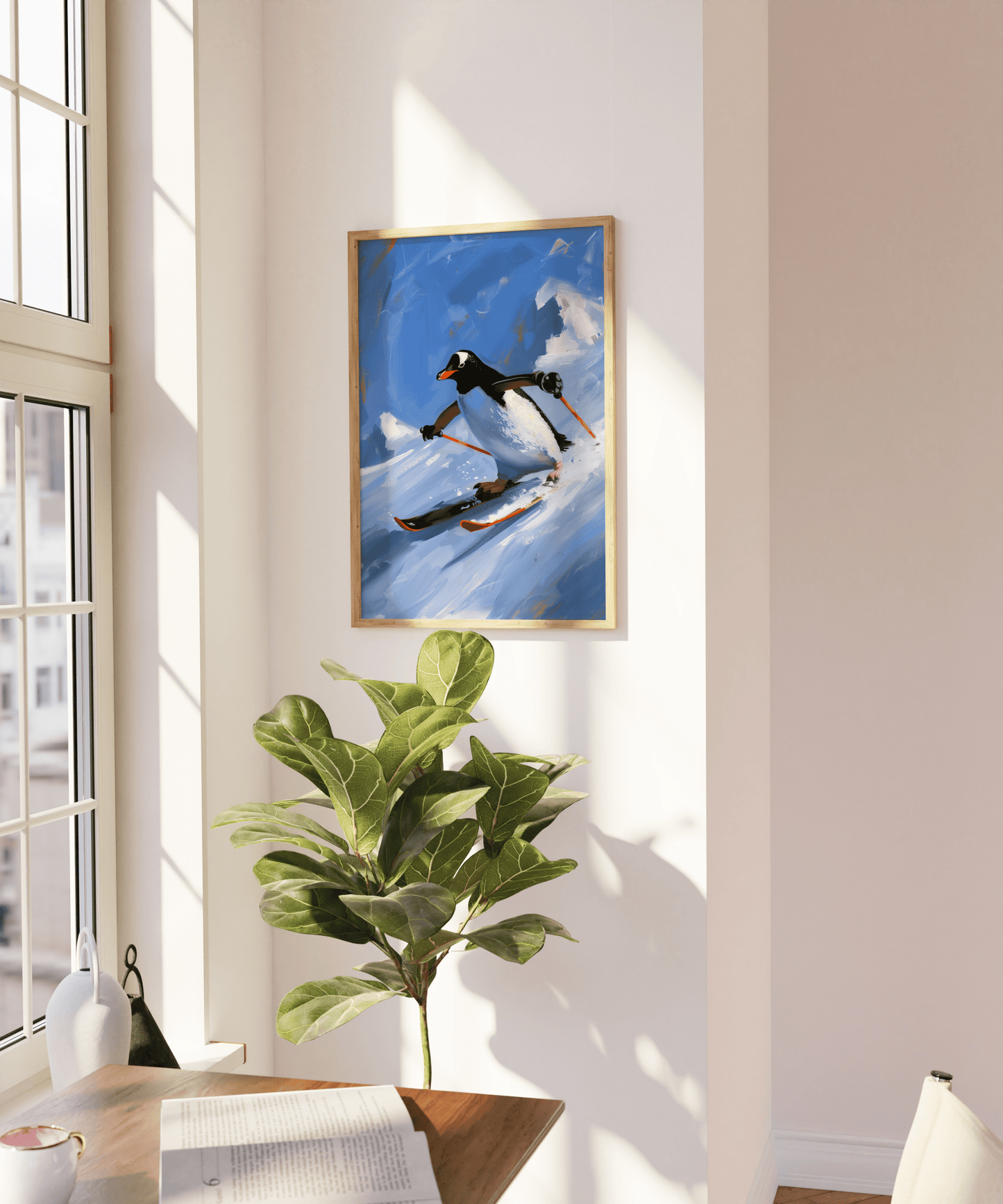 A penguin skiing through the North Pole mountains, in a Paw Prints framed poster on a blank wall in natural sunlight.