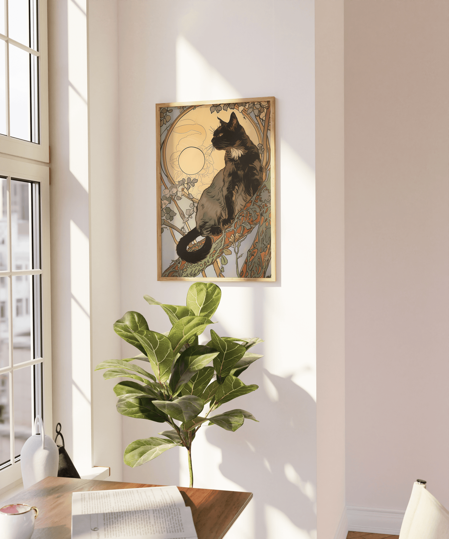 Art nouveau painting of a black cat on a tree branch under moonlight, on a blank wall - Paw Prints