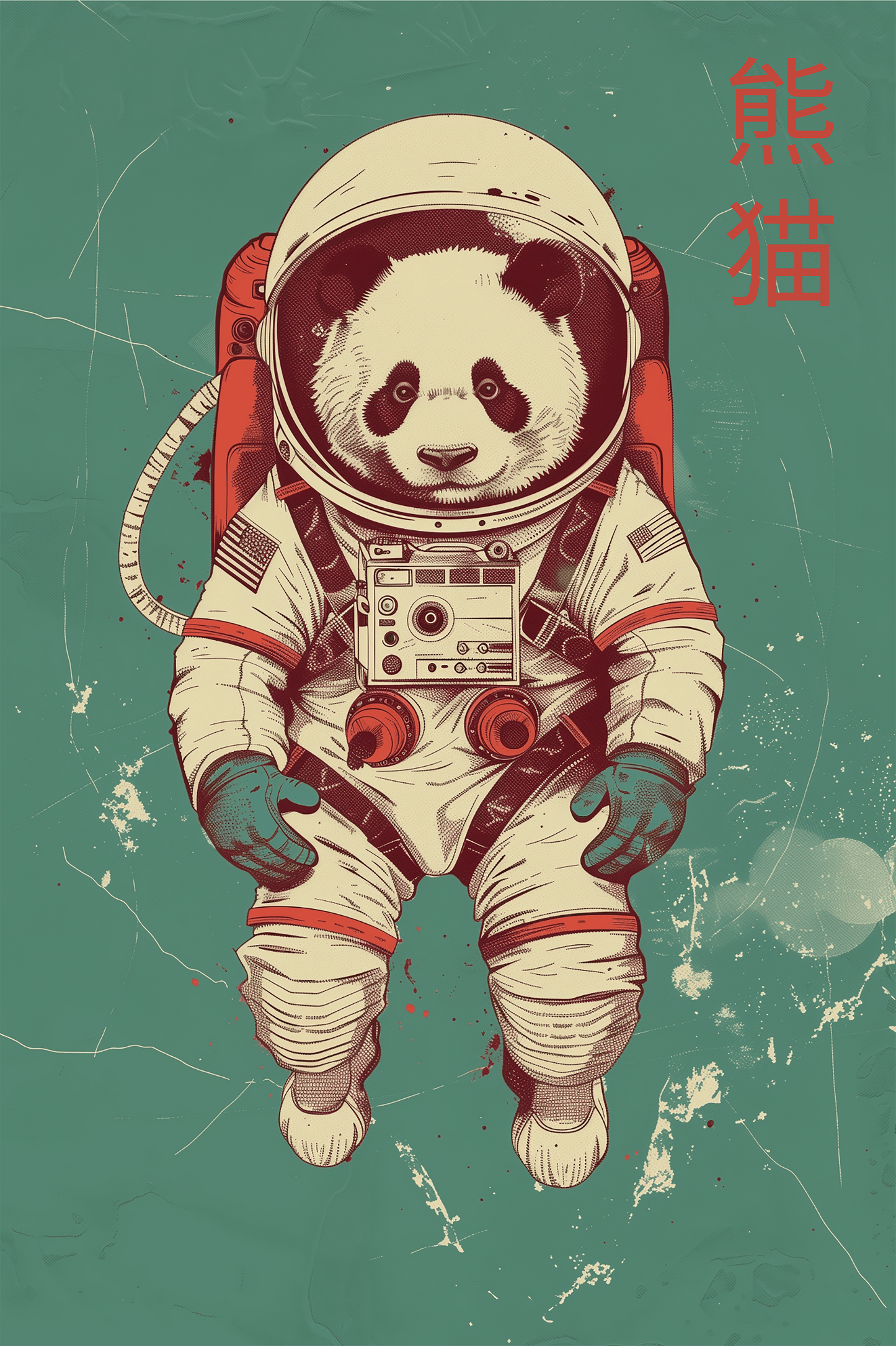 A panda floating in space, wearing an astronaut suit, with Chinese characters that mean "panda".
