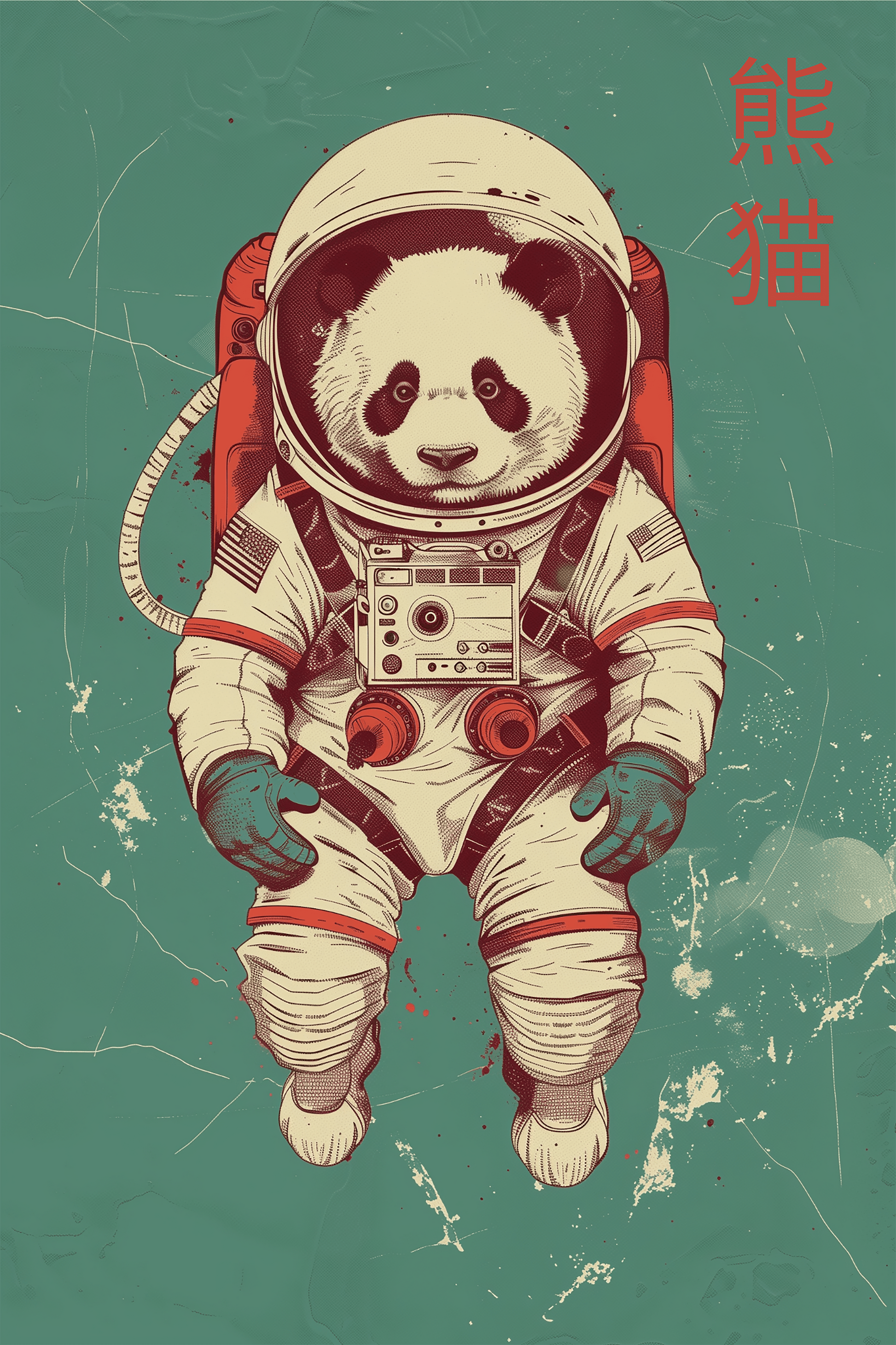 A panda floating in space, wearing an astronaut suit, with Chinese characters that mean "panda".