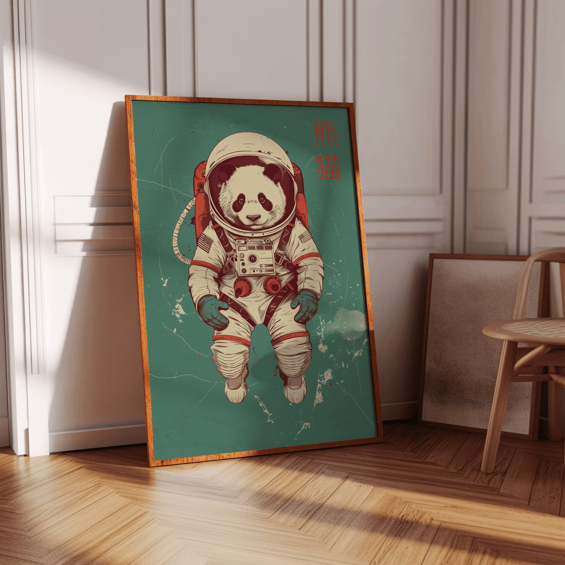A panda in space, in an astronaut suit, with Chinese characters, in a white Victorian hallway in view of natural sunlight.