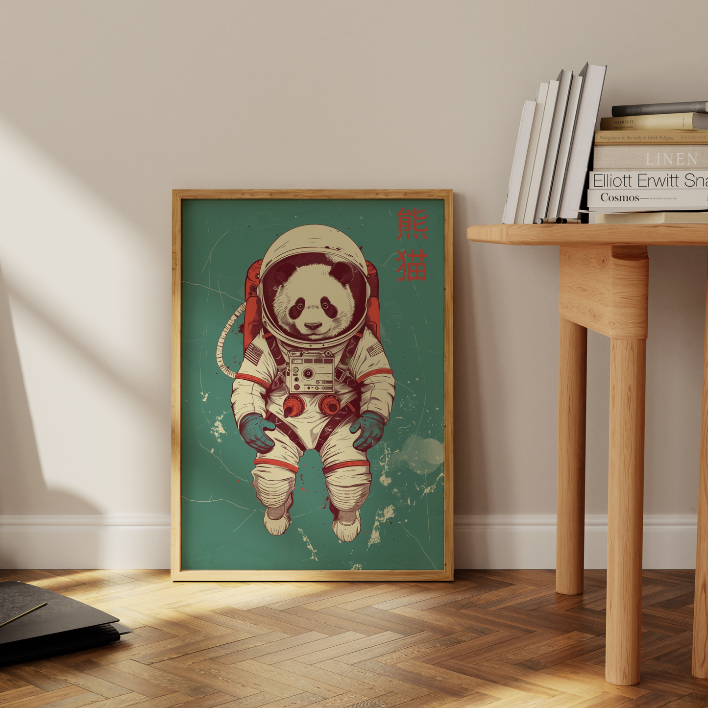 Paw Prints retro panda in space, in an astronaut suit, with Chinese characters poster, leaning against the office floor.