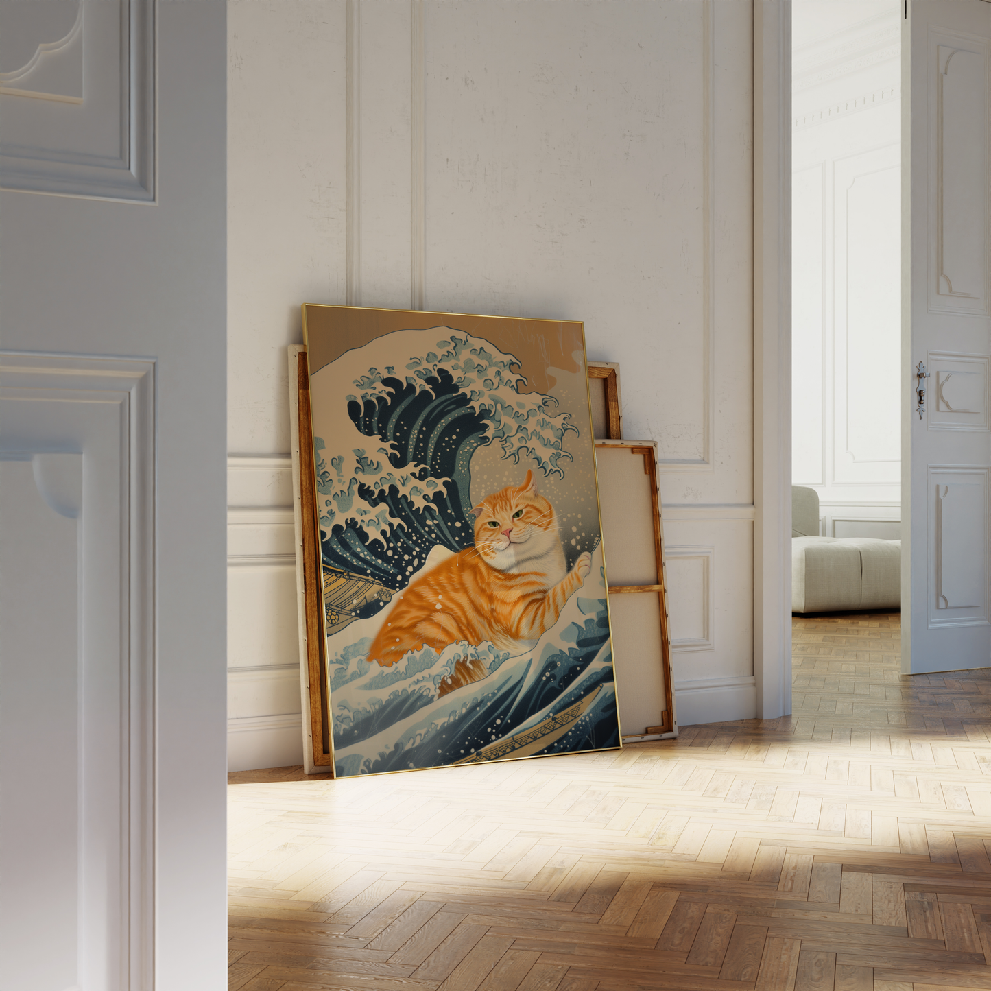 Paw Prints Vintage framed poster of an orange cat inside the Wave of Kanagawa, leaning against a white bathroom wall.