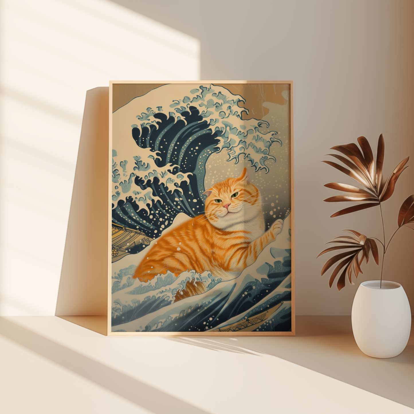 Paw Prints Vintage framed poster of an orange cat inside the Wave of Kanagawa, leaning against the bedroom floor.