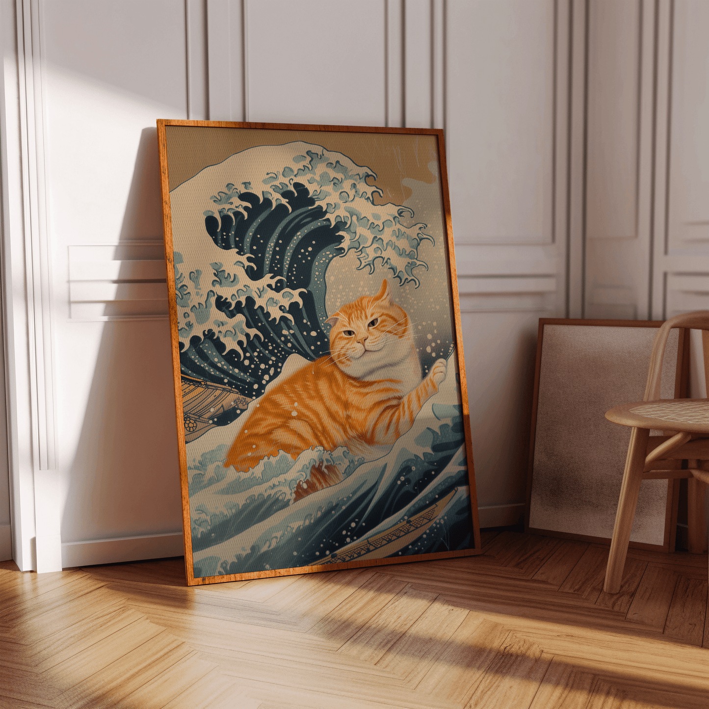 Vintage framed poster of an orange cat inside the Wave of Kanagawa, in a white Victorian hallway in view of natural sunlight.