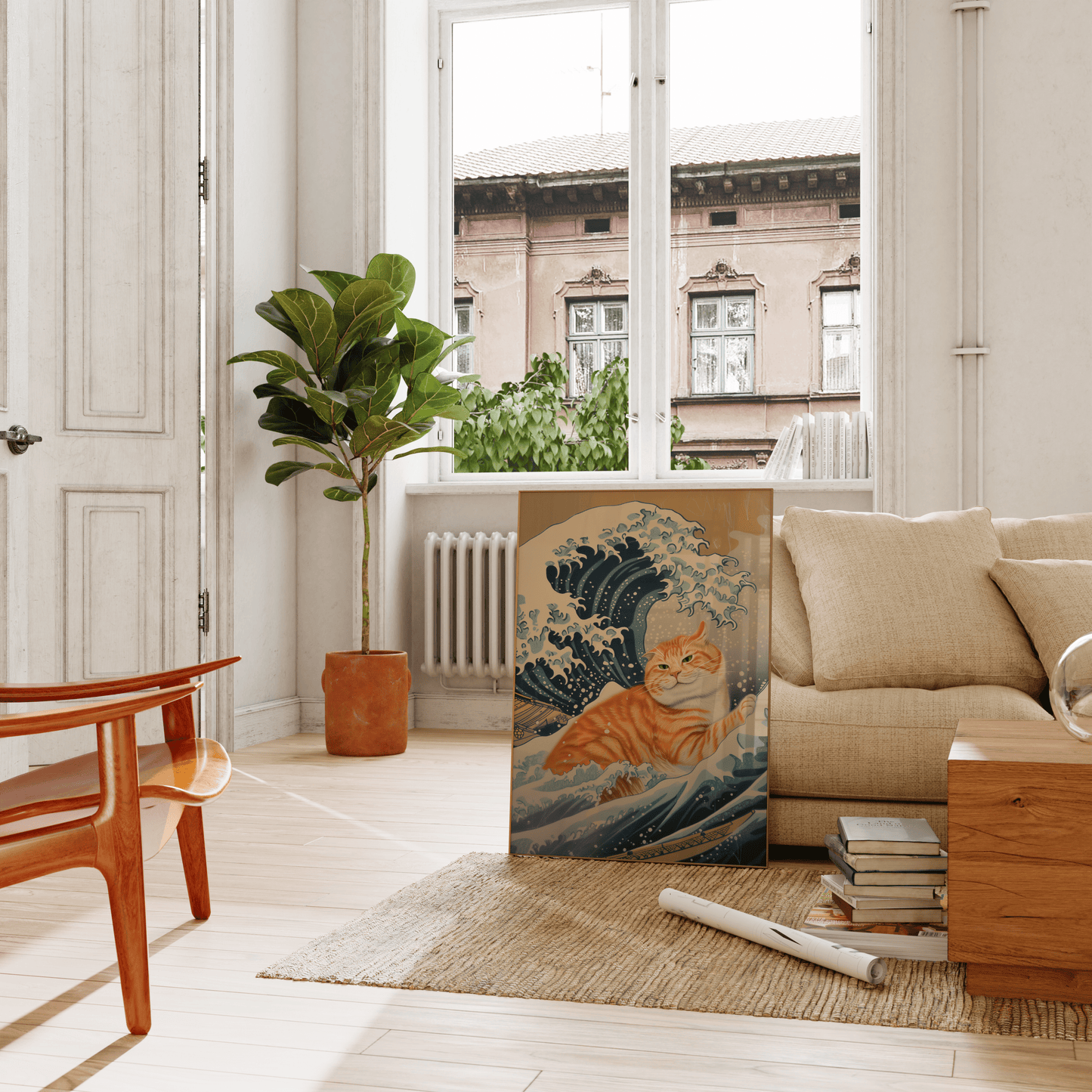 Vintage framed poster of an orange cat inside the Wave of Kanagawa, leaning on a couch in the living room.