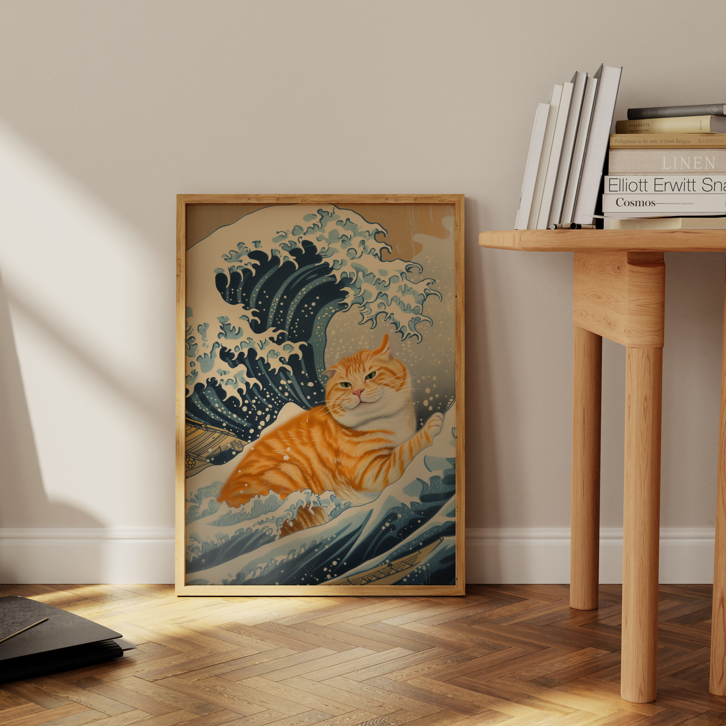 Paw Prints Vintage framed poster of an orange cat inside the Wave of Kanagawa, leaning against the office floor.