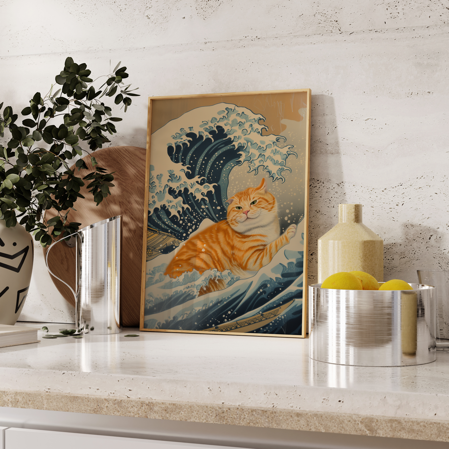 Paw Prints Vintage framed poster of an orange cat inside the Wave of Kanagawa, leaning against the kitchen counter.