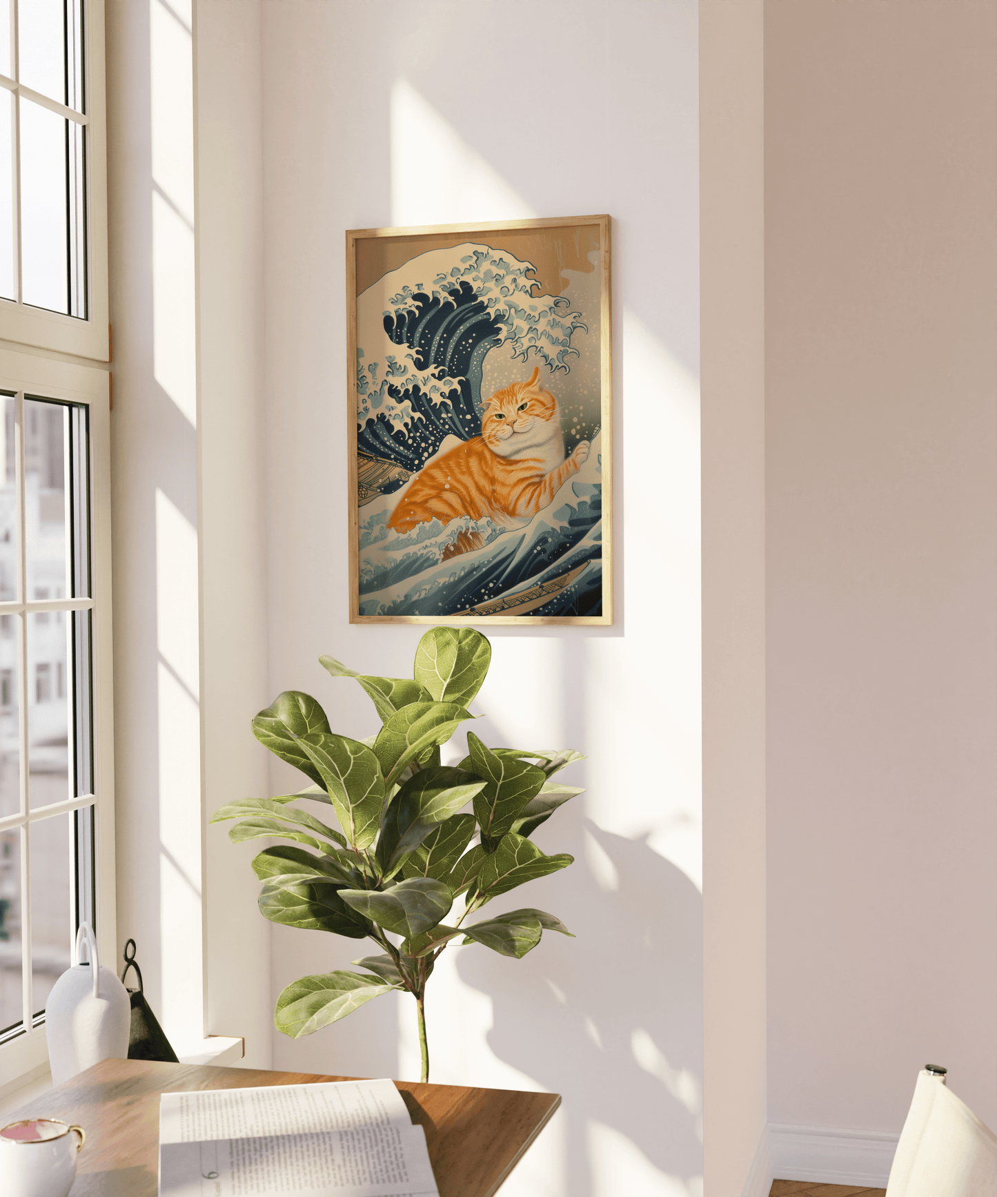 Paw Prints Vintage framed poster of an orange cat inside the Wave of Kanagawa, on a blank wall.