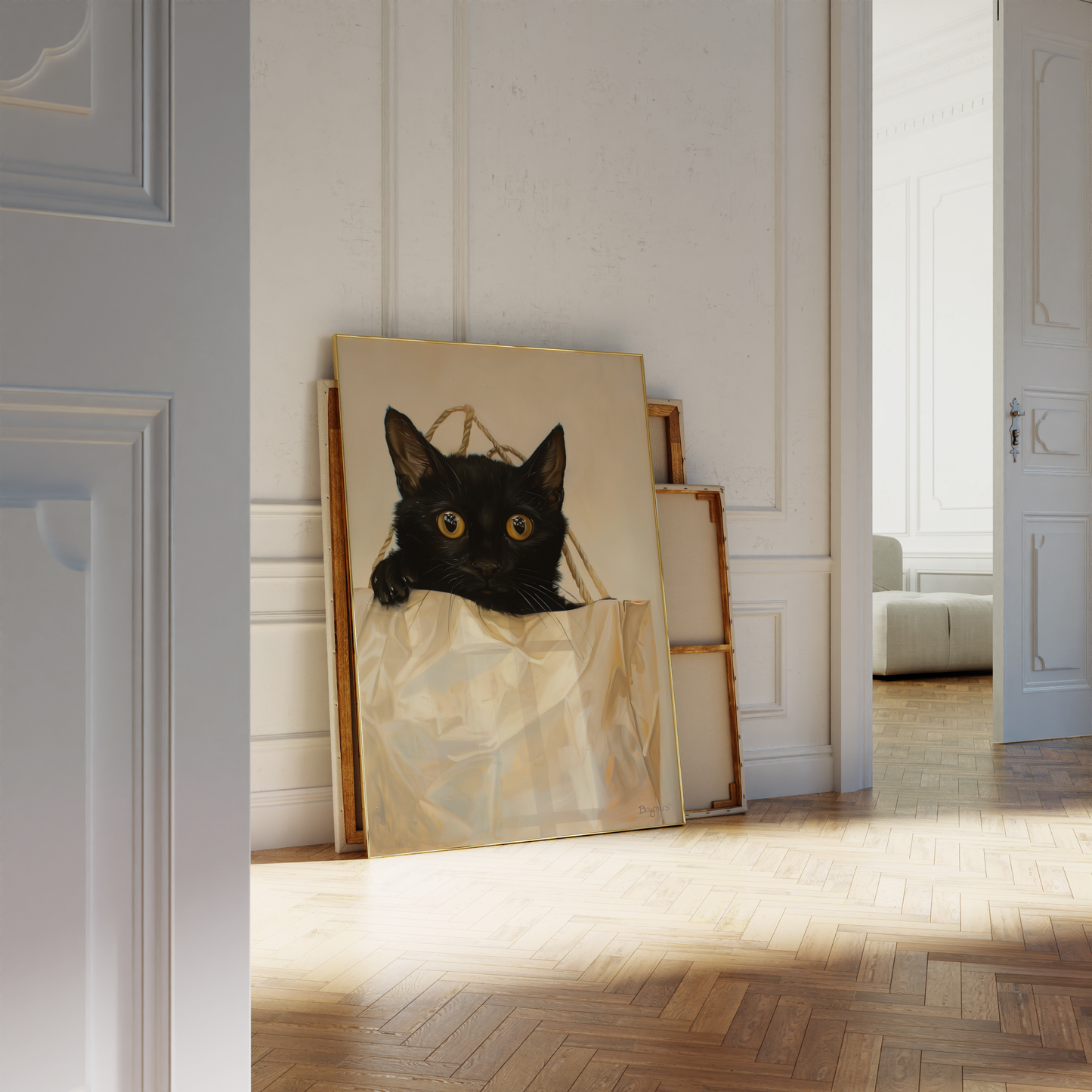 Paw Prints poster of a black cat peeks out from the top of a brown paper bag, leaning against a white bathroom wall.
