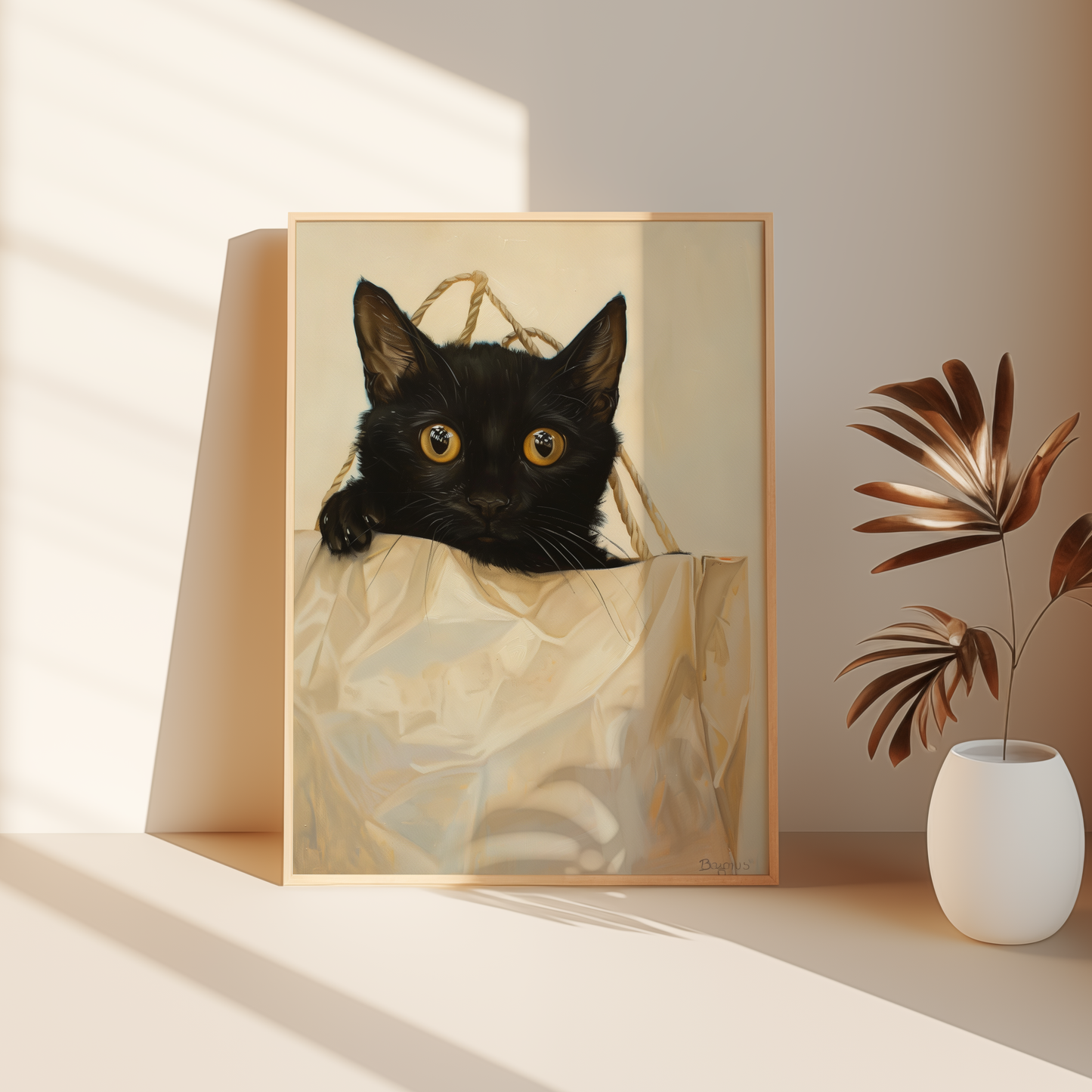 Paw Prints poster of a black cat peeks out from the top of a brown paper bag, leaning against the bedroom floor.