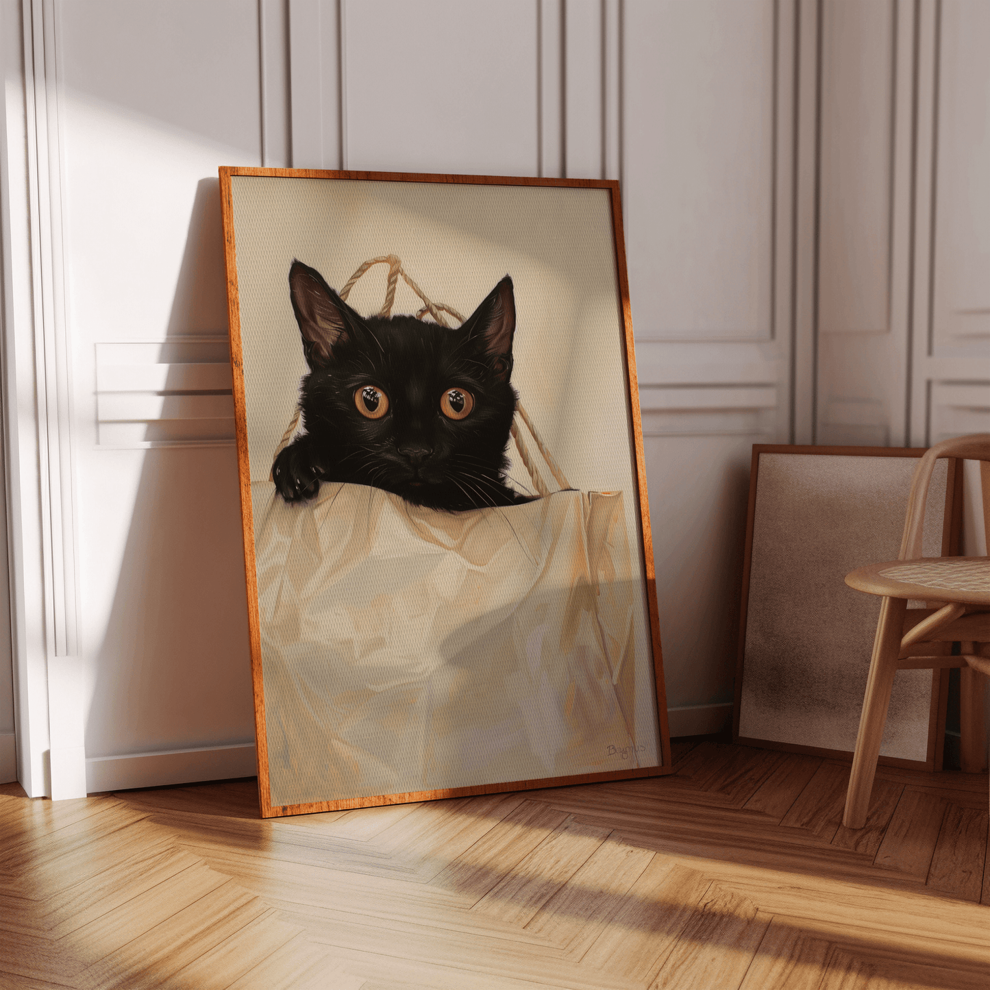 Poster of a black cat peeks out from the top of a brown paper bag, in a white Victorian hallway in view of natural sunlight.