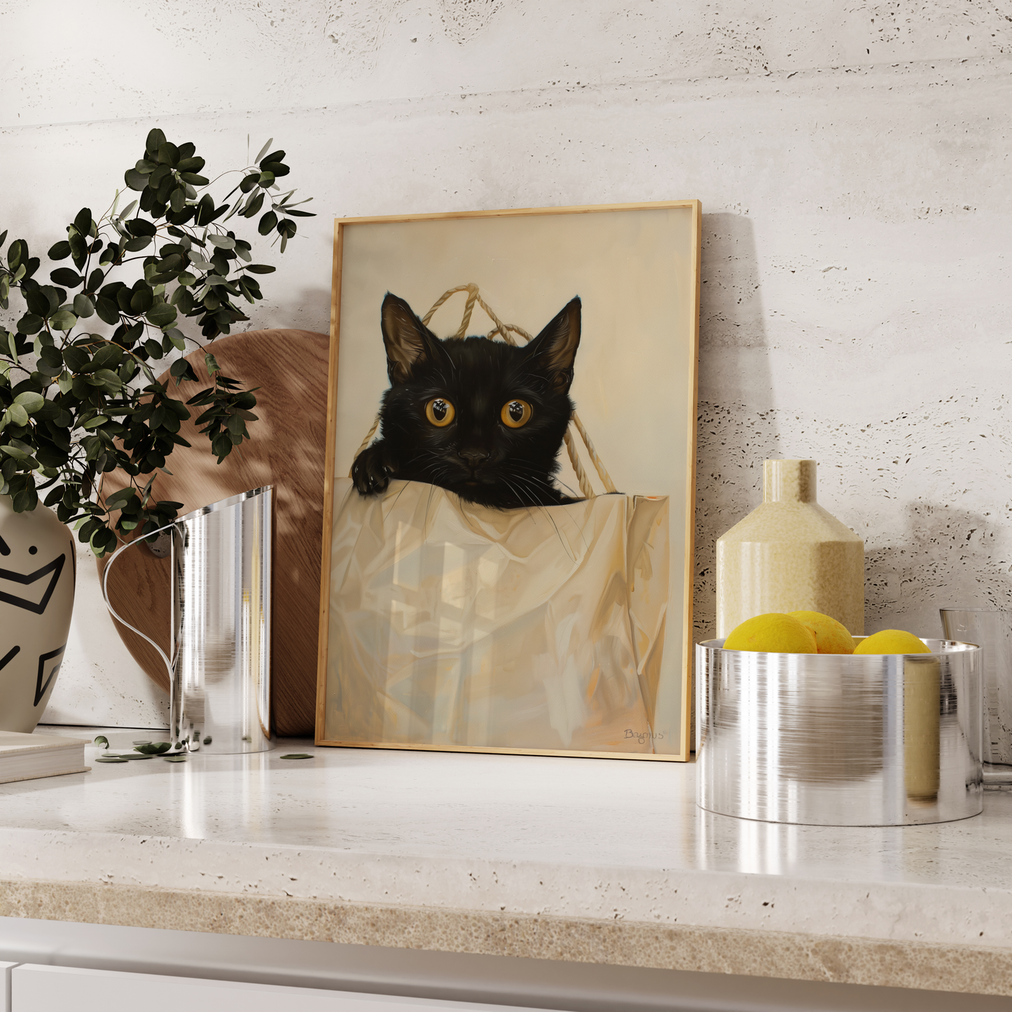 Paw Prints poster of a black cat peeks out from the top of a brown paper bag, leaning against the kitchen counter.
