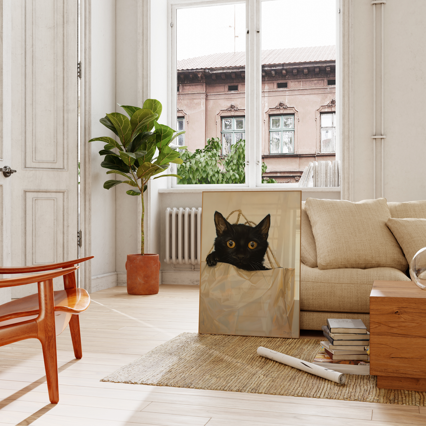 Paw Prints poster of a black cat peeks out from the top of a brown paper bag, leaning on a couch in the living room.
