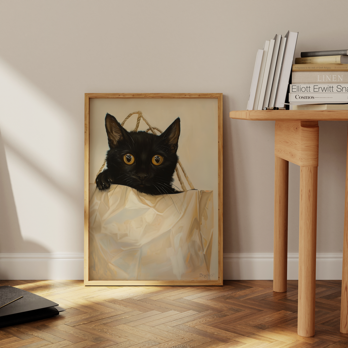 Paw Prints poster of a black cat peeks out from the top of a brown paper bag, leaning against the office floor.