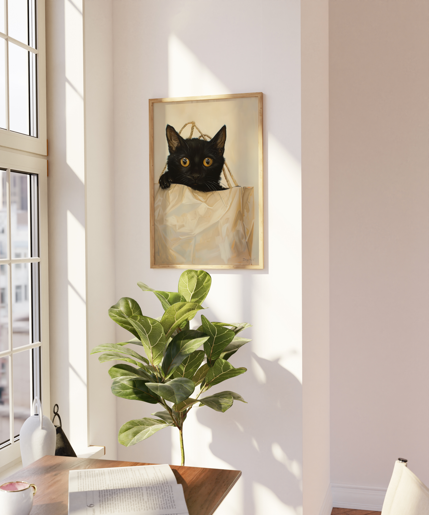 Paw Prints poster of a black cat peeks out from the top of a brown paper bag, on a blank wall.