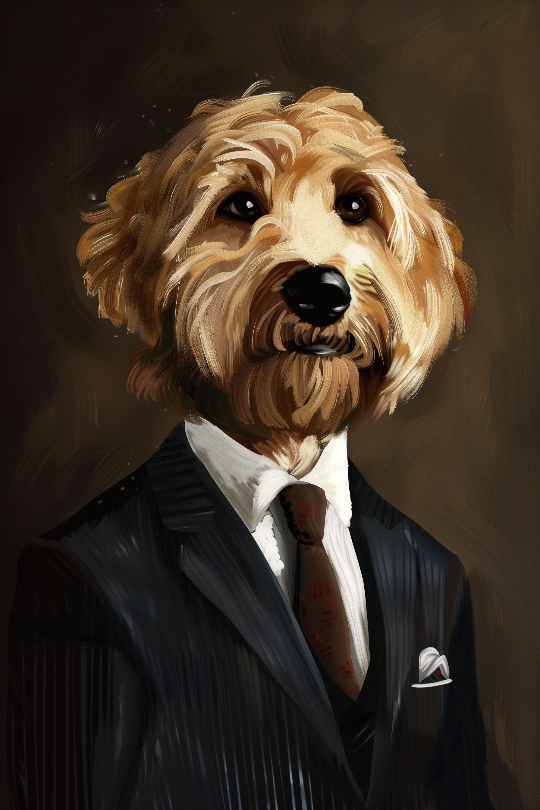 Paw Prints photorealistic oil painting portrait of a Poodle wearing a Pinstripe Suit and tie.