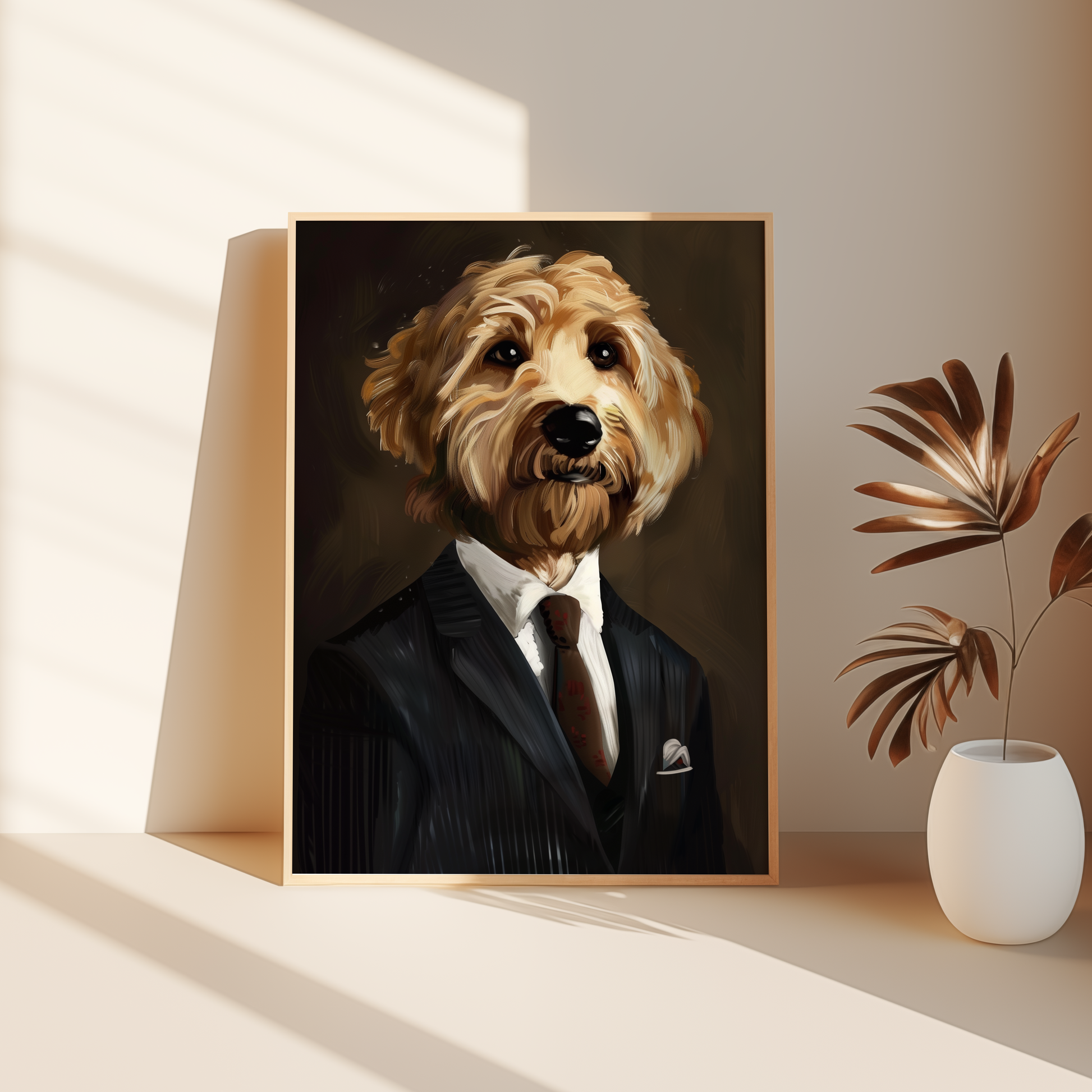 Paw Prints Photorealistic oil painting of a Poodle wearing a Pinstripe Suit and tie, leaning against the bedroom floor.