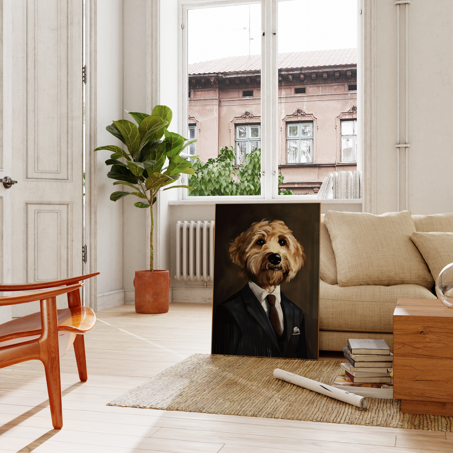 Paw Prints Photorealistic oil painting of a Poodle wearing a Pinstripe Suit and tie, leaning on a couch in the living room.