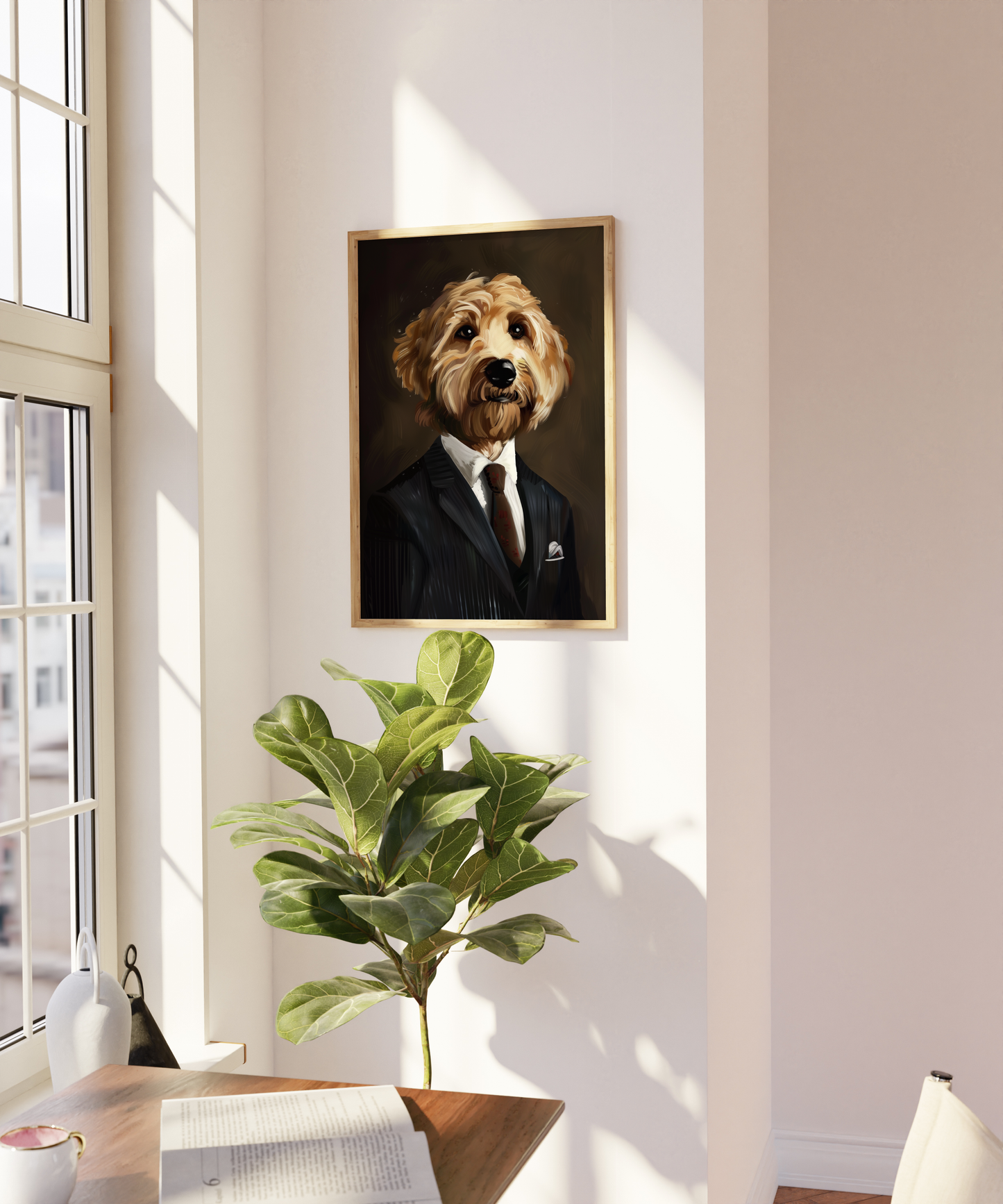 Paw Prints Photorealistic oil painting of a Poodle wearing a Pinstripe Suit and tie, on a blank wall.