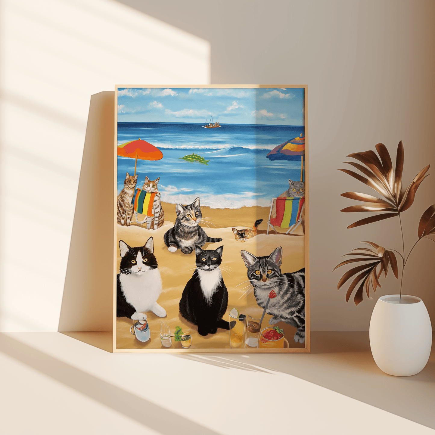 Paw Prints framed painting of a bunch of cats enjoying a beach day, leaning against the bedroom floor.