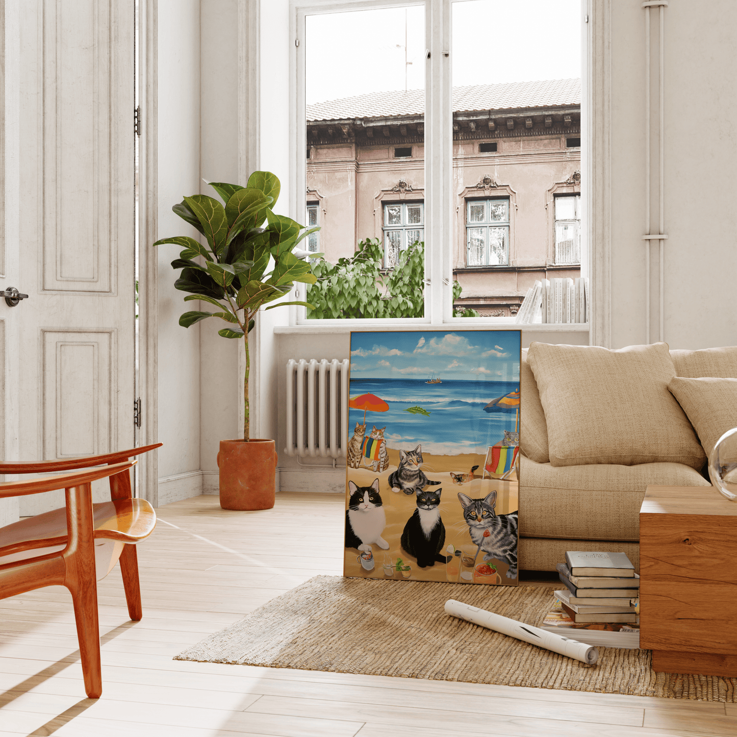 Paw Prints painting of a bunch of cats enjoying a beach day, leaning on a couch in the living room.