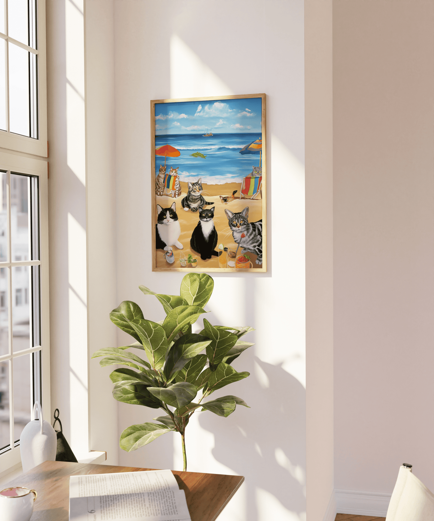 Paw Prints framed painting of a bunch of cats enjoying a beach day, on a blank wall.