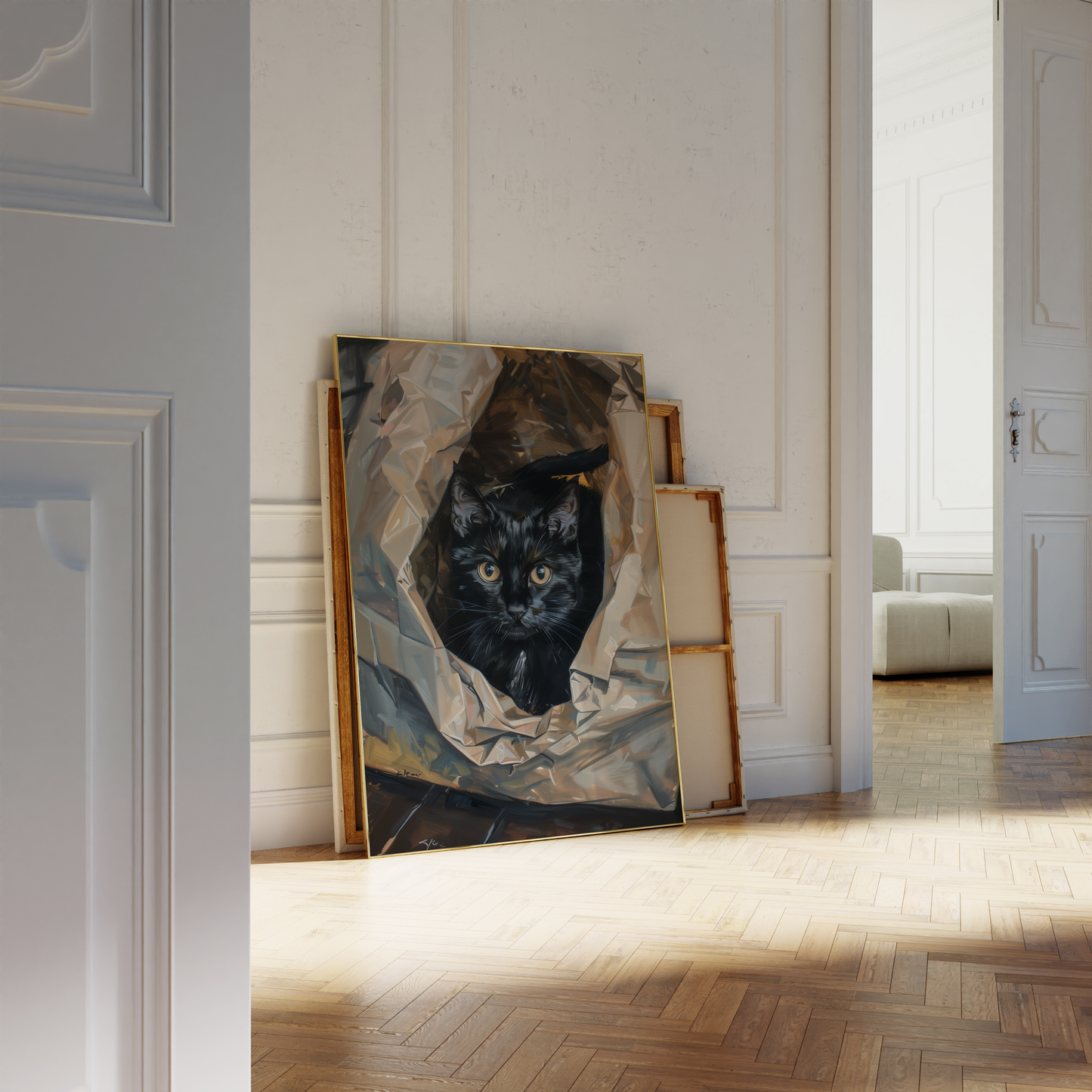 Paw Prints photorealistic oil painting of a black cat in a crumpled plastic bag, leaning against a white bathroom wall.
