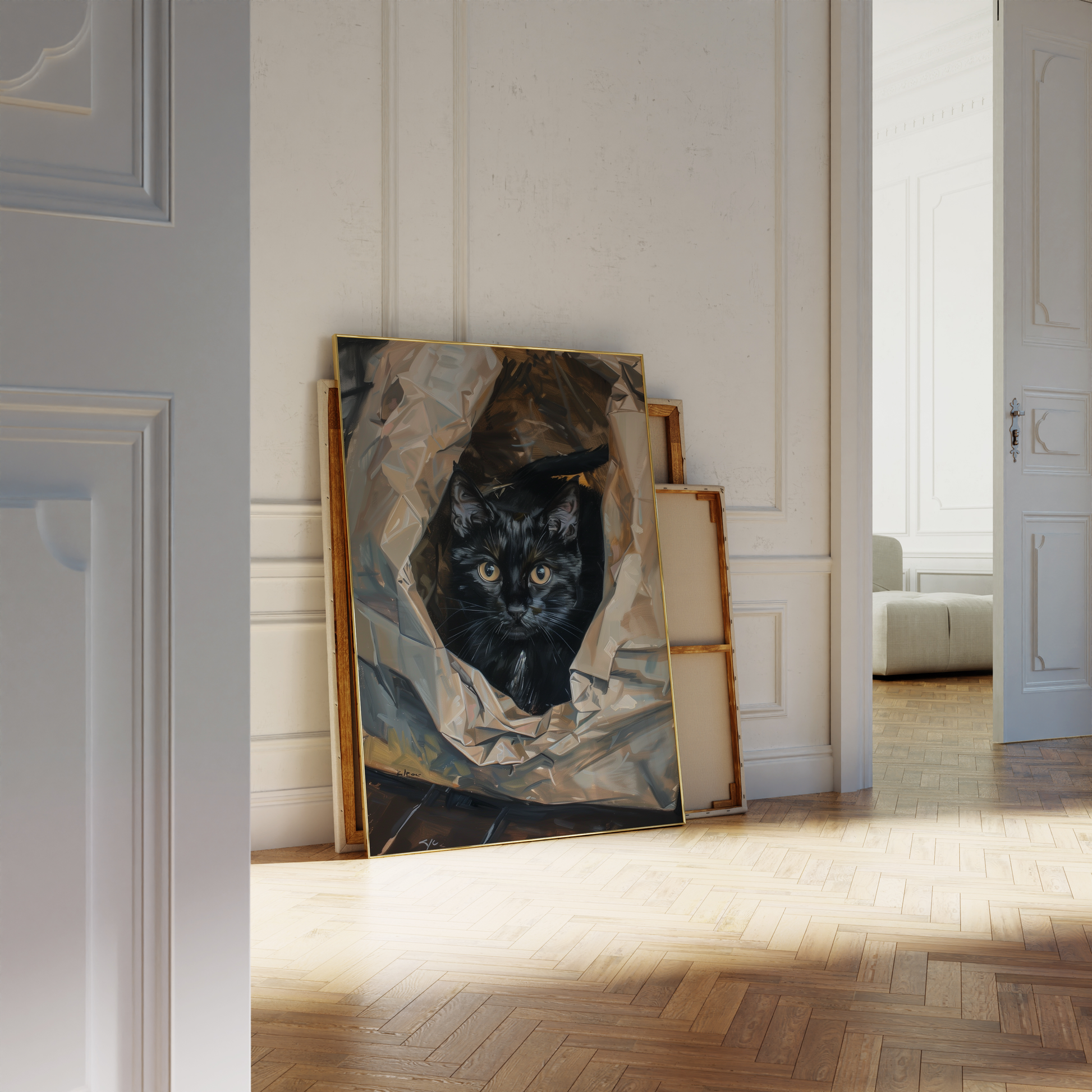Paw Prints photorealistic oil painting of a black cat in a crumpled plastic bag, leaning against a white bathroom wall.