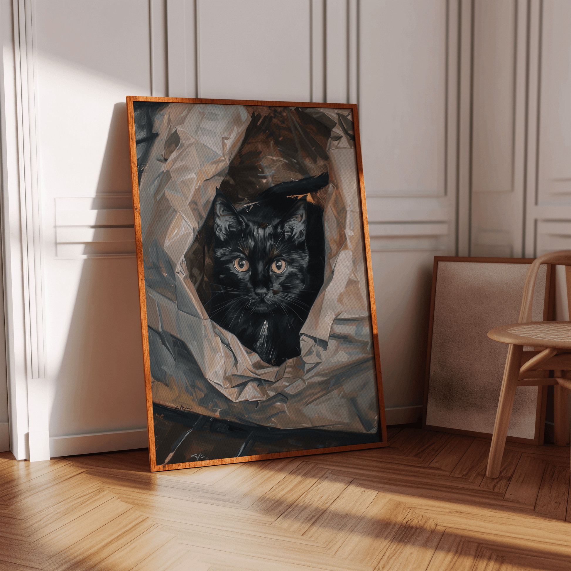Photorealistic oil painting of a black cat in a crumpled plastic bag, in a white Victorian hallway in view of natural sunlight.