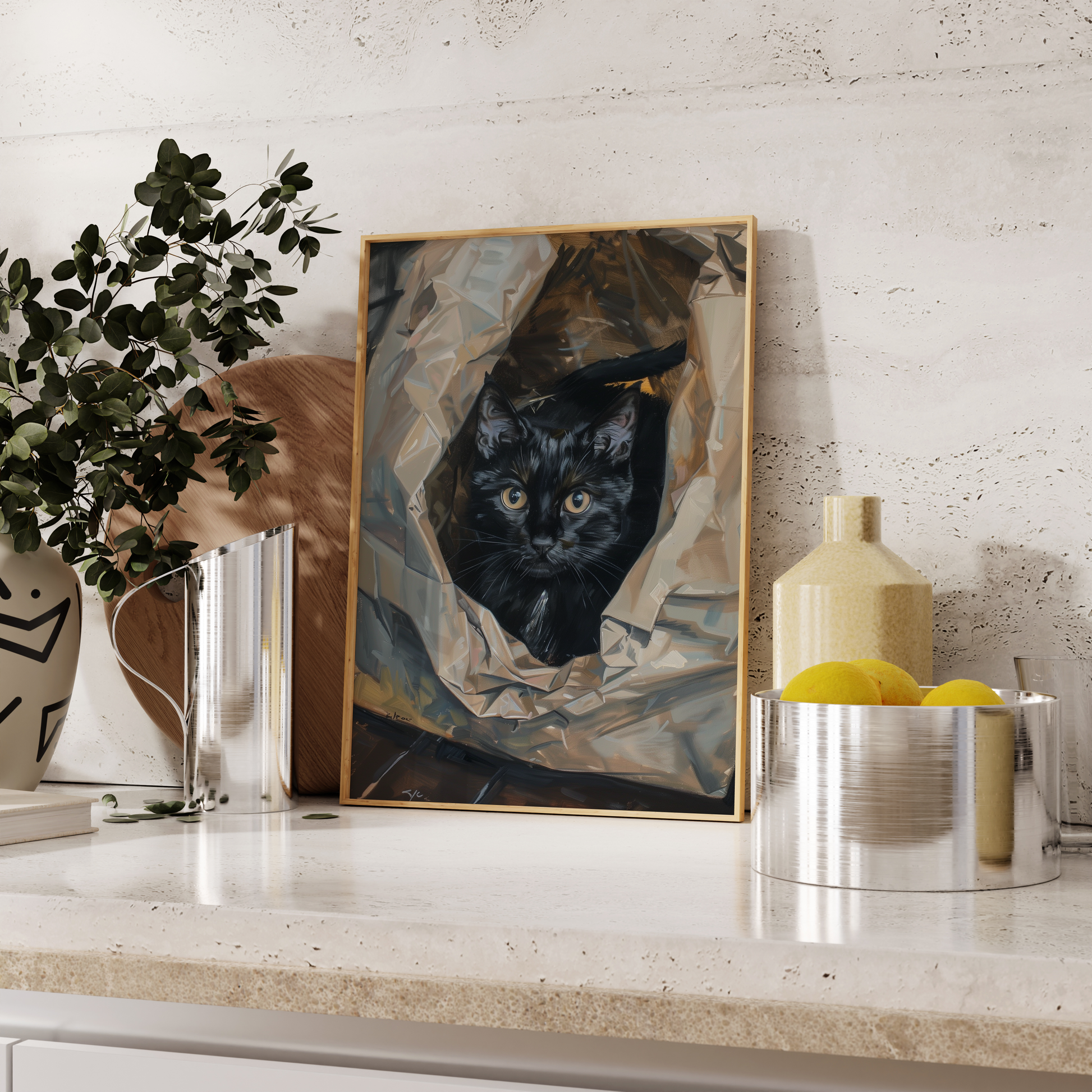 Paw Prints photorealistic oil painting of a black cat in a crumpled plastic bag, leaning against the kitchen counter.