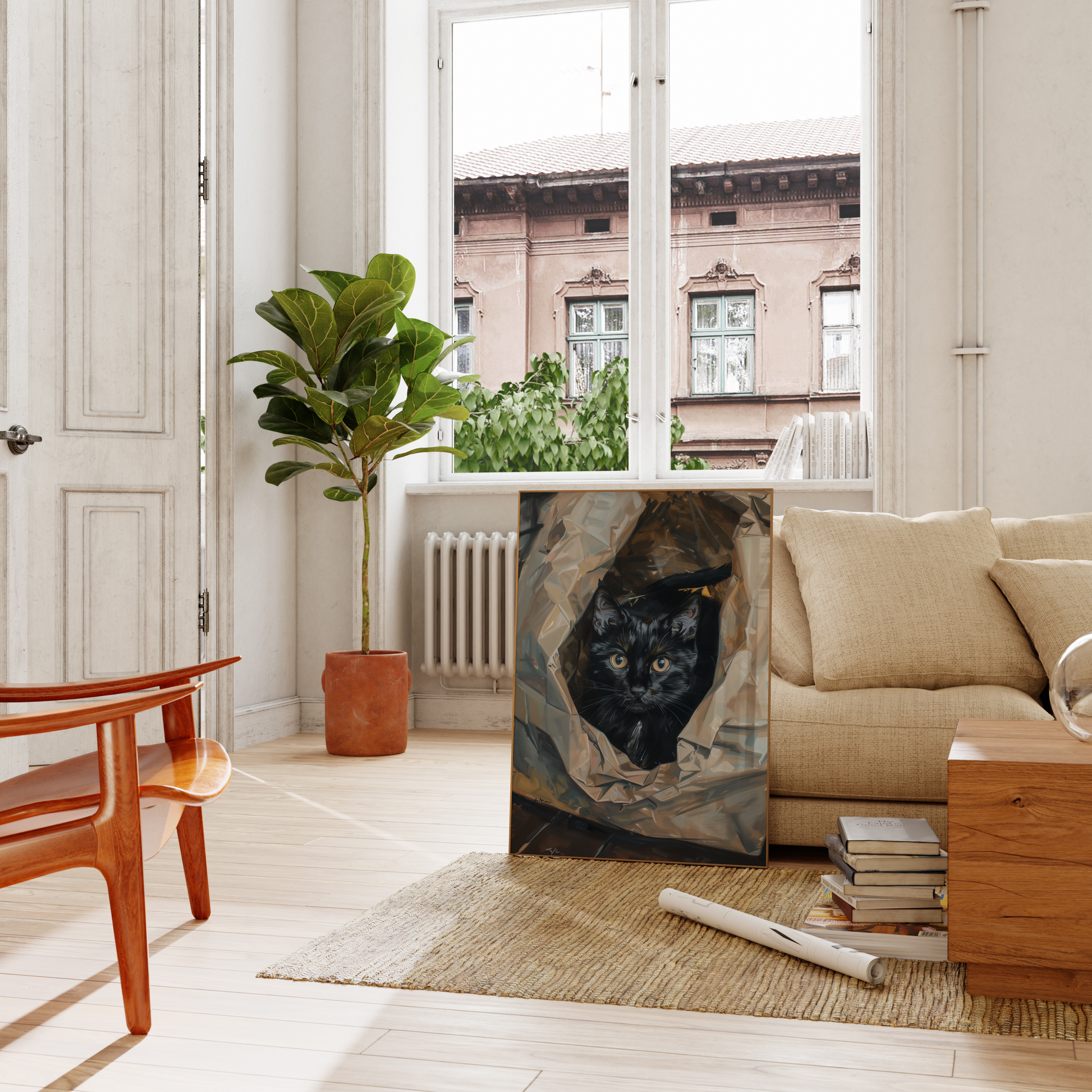 Paw Prints photorealistic oil painting of a black cat in a crumpled plastic bag, leaning on a couch in the living room.