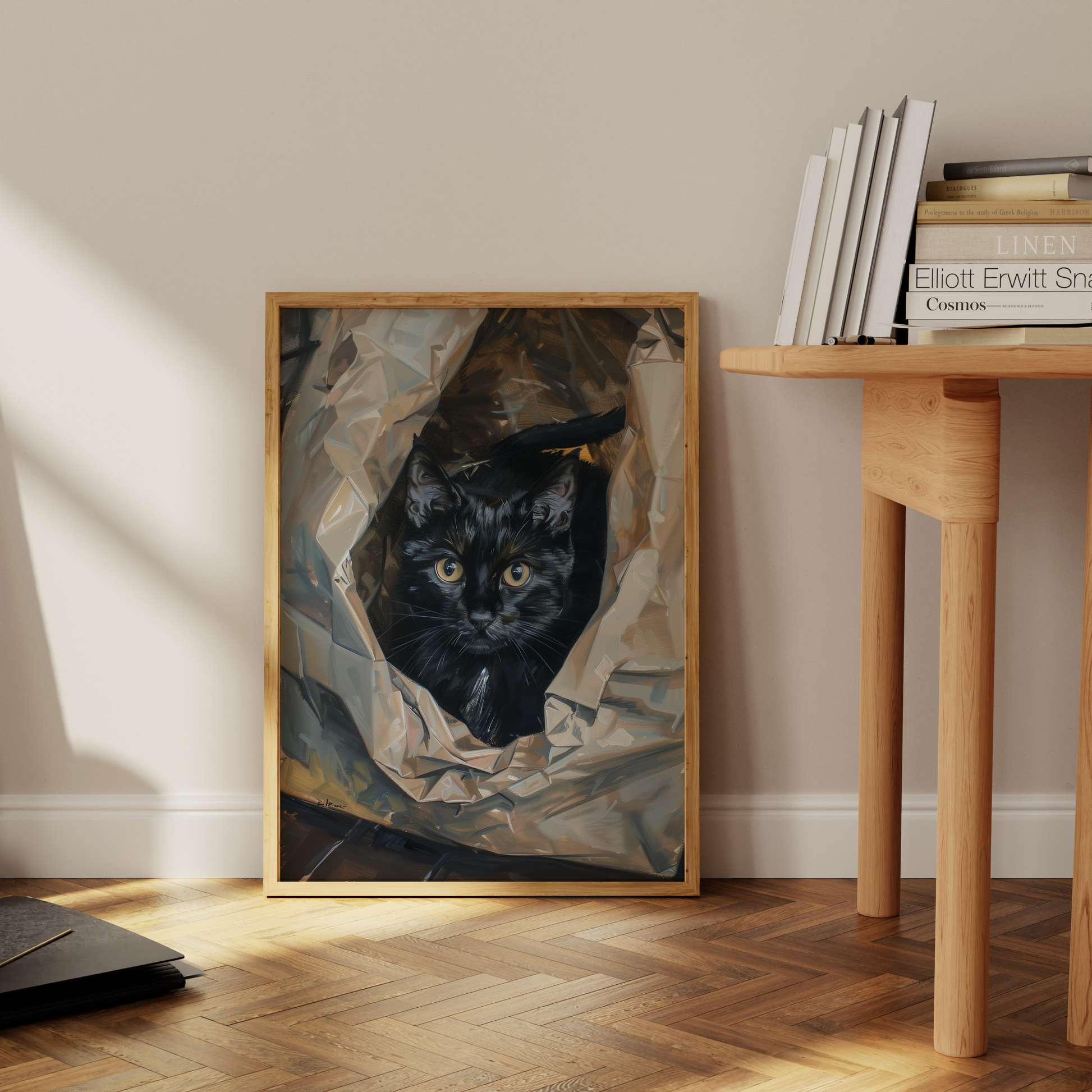 Paw Prints photorealistic oil painting of a black cat in a crumpled plastic bag, leaning against the office floor.