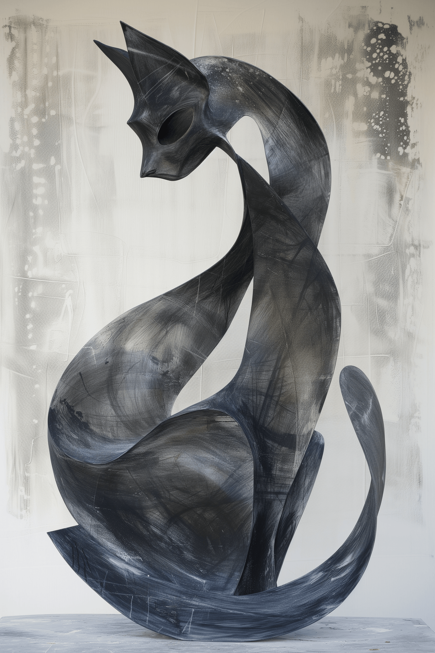 Paw Prints abstract painting of a black cat with its tail curled around, with fluid lines and dark gray and white colors.