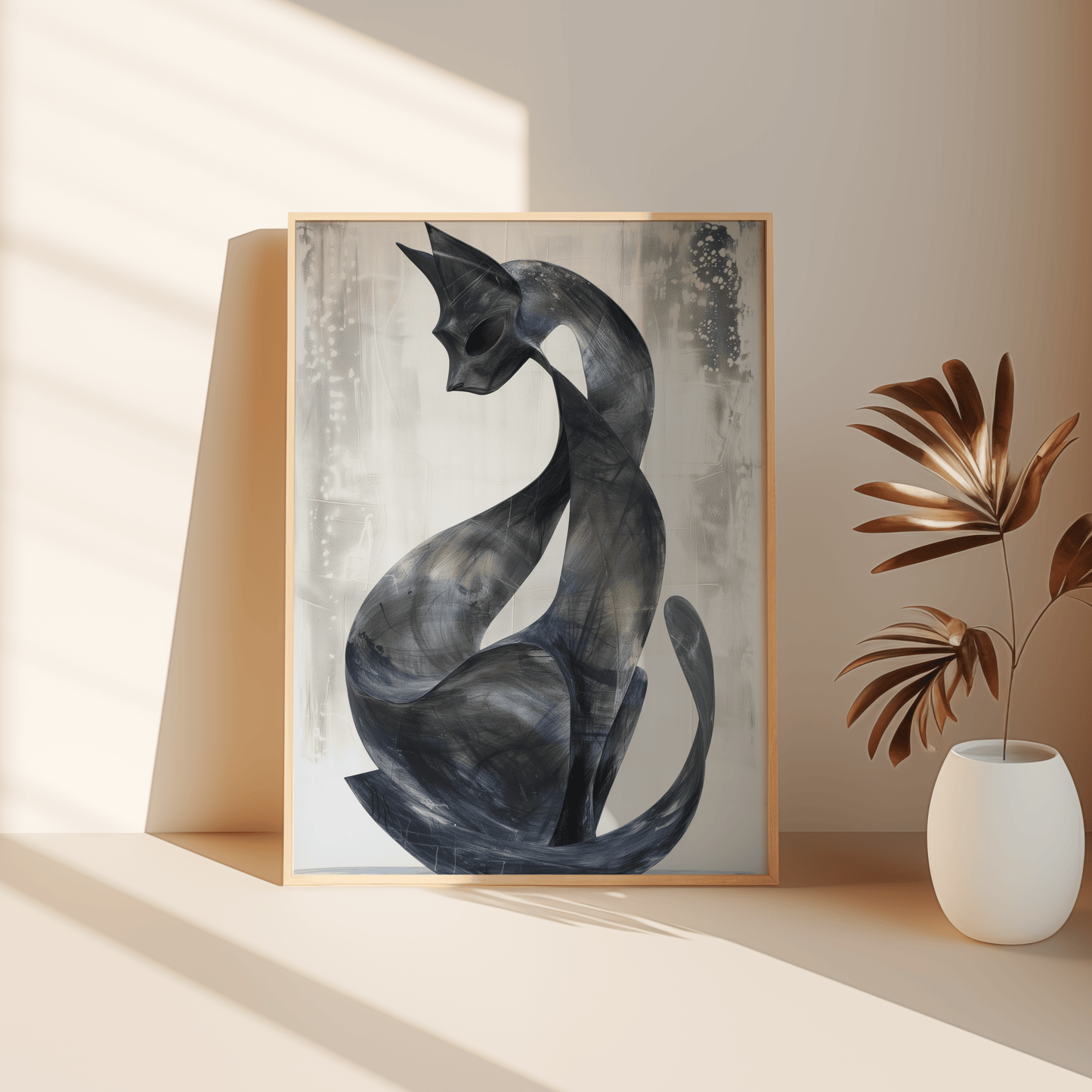 Paw Prints contemporary abstract painting of a black cat with its tail curled around, leaning against the bedroom floor.