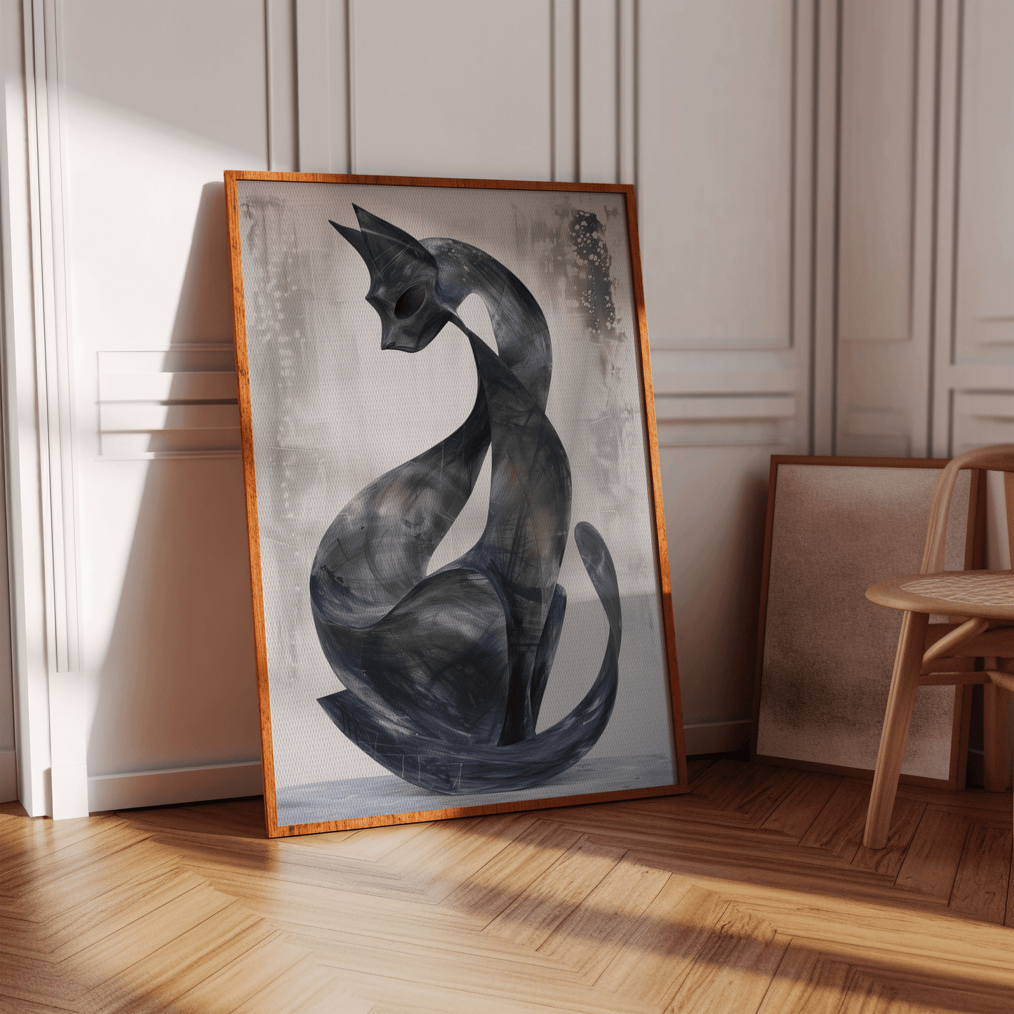 Contemporary abstract painting of a black cat with its tail curled around with fluid lines in a white Victorian hallway.