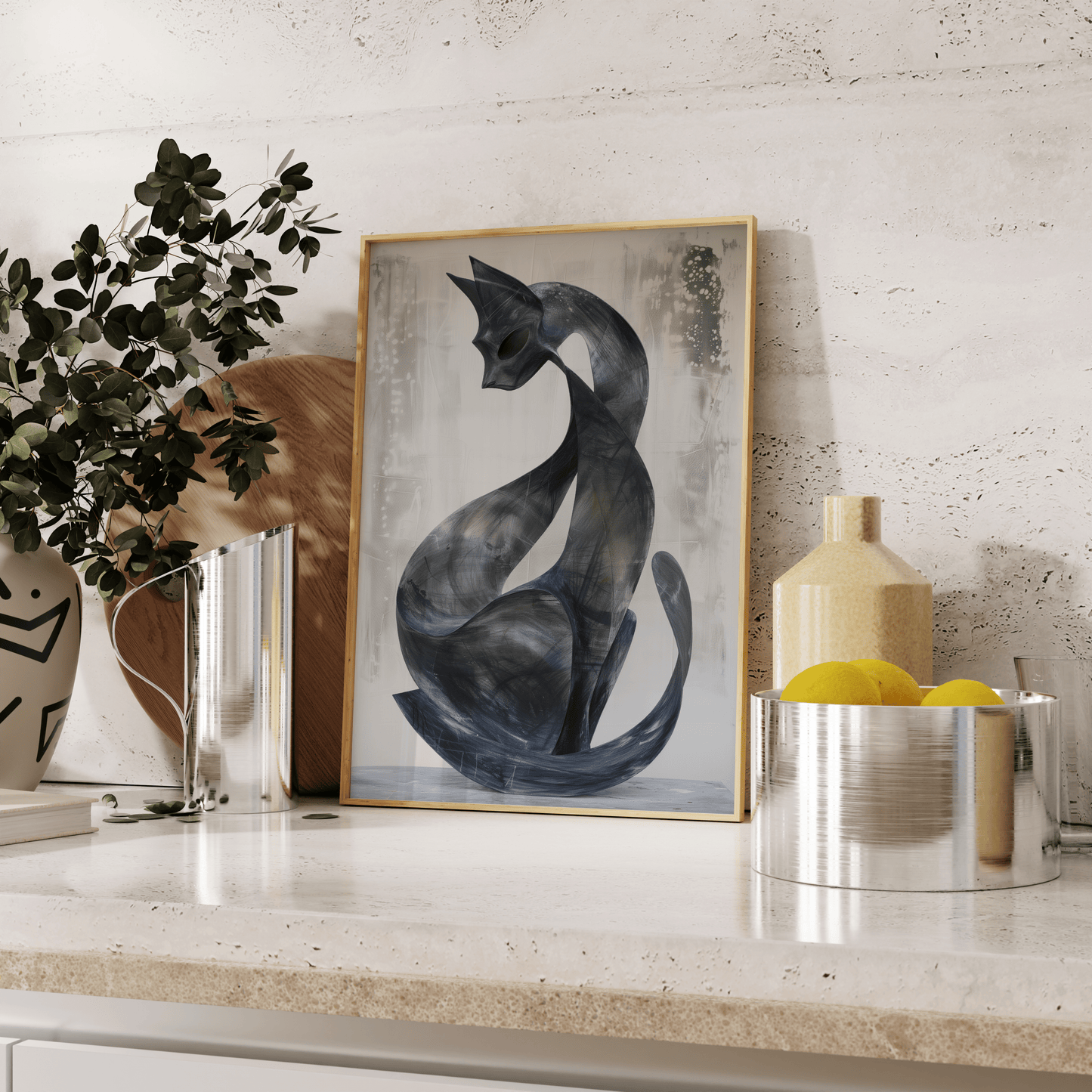 Paw Prints contemporary abstract painting of a black cat with its tail curled around, leaning against the kitchen counter.