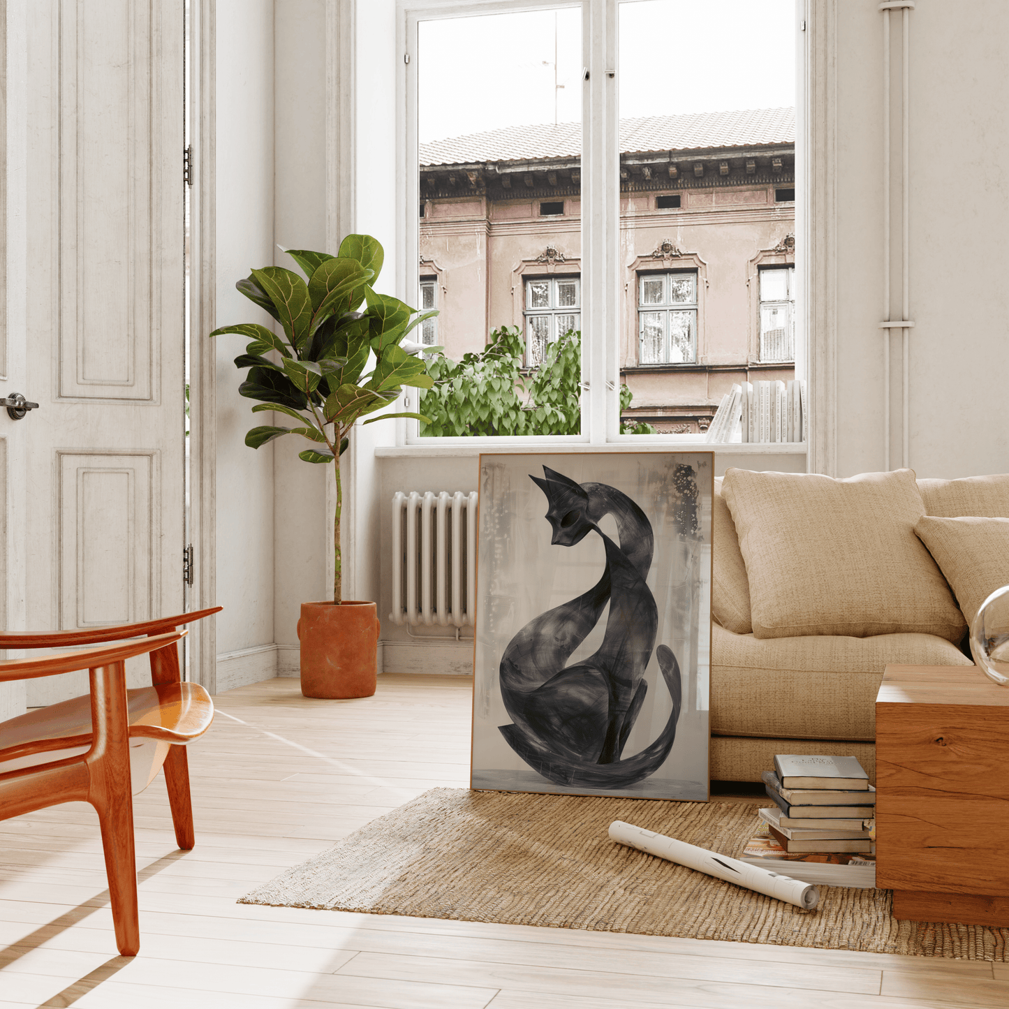 Paw Prints contemporary abstract painting of a black cat with its tail curled around, leaning on a couch in the living room.
