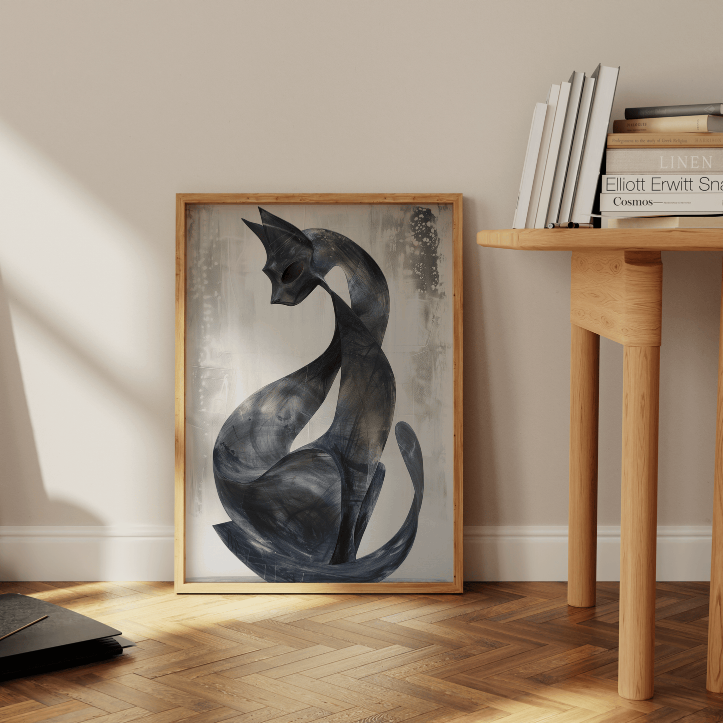 Paw Prints contemporary abstract painting of a black cat with its tail curled around, leaning against the office floor.