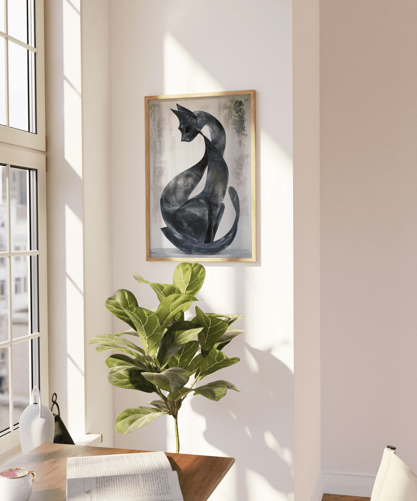 Paw Prints contemporary abstract painting of a black cat with its tail curled around, on a blank wall.