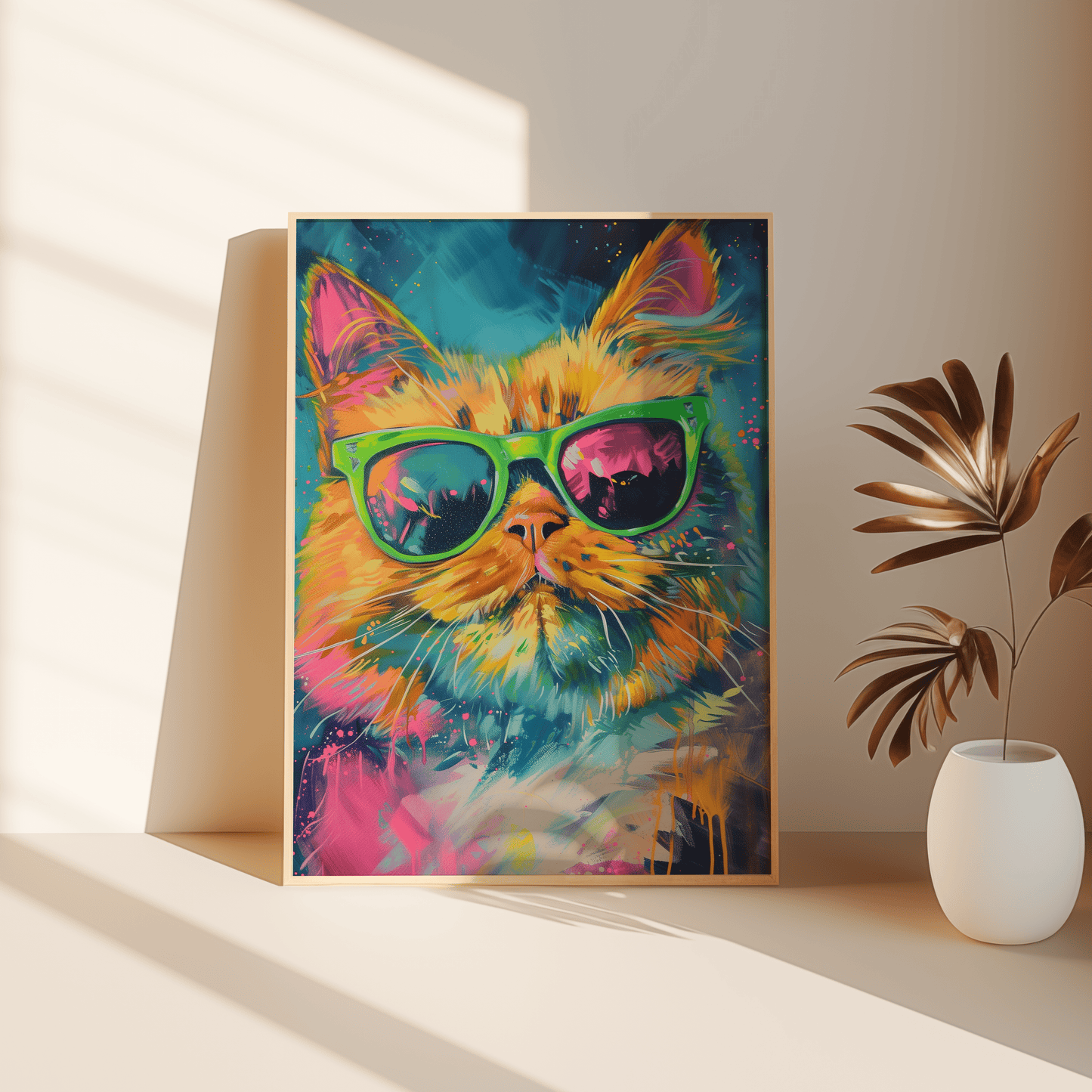 Paw Prints retro poster of an orange cat wearing green sunglasses, cyberpunk graffiti, leaning against the bedroom floor.