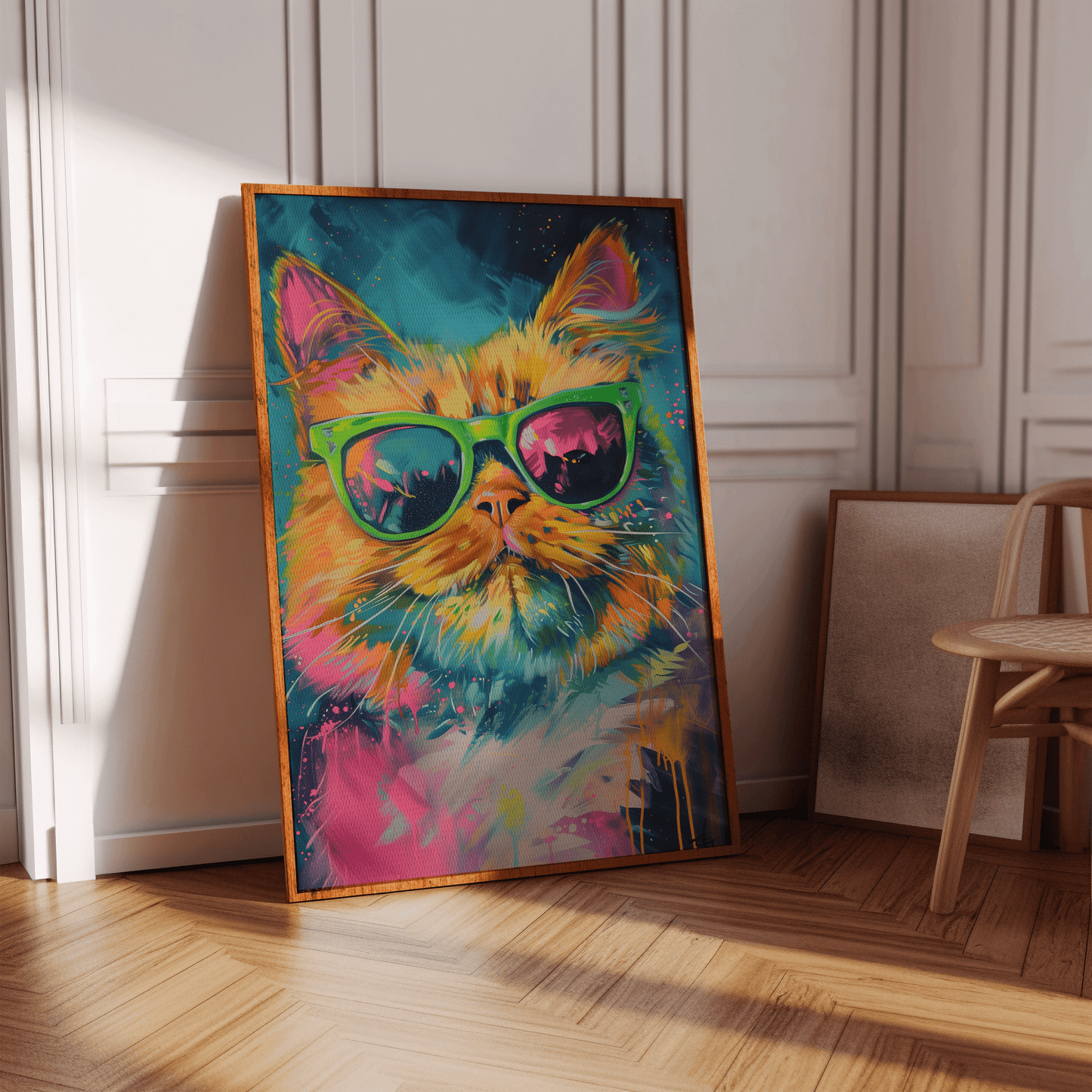 Oil painting of an orange cat wearing green sunglasses, in a white Victorian hallway in view of natural sunlight.