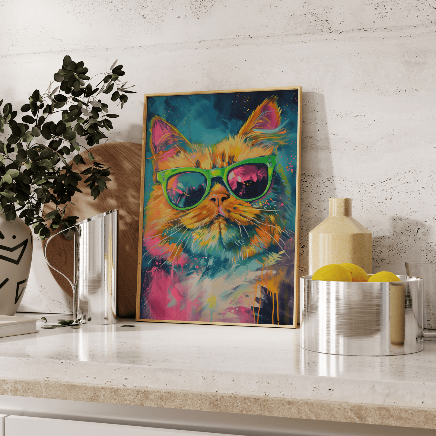 Paw Prints retro poster of an orange cat wearing green sunglasses, cyberpunk graffiti, leaning against the kitchen counter.