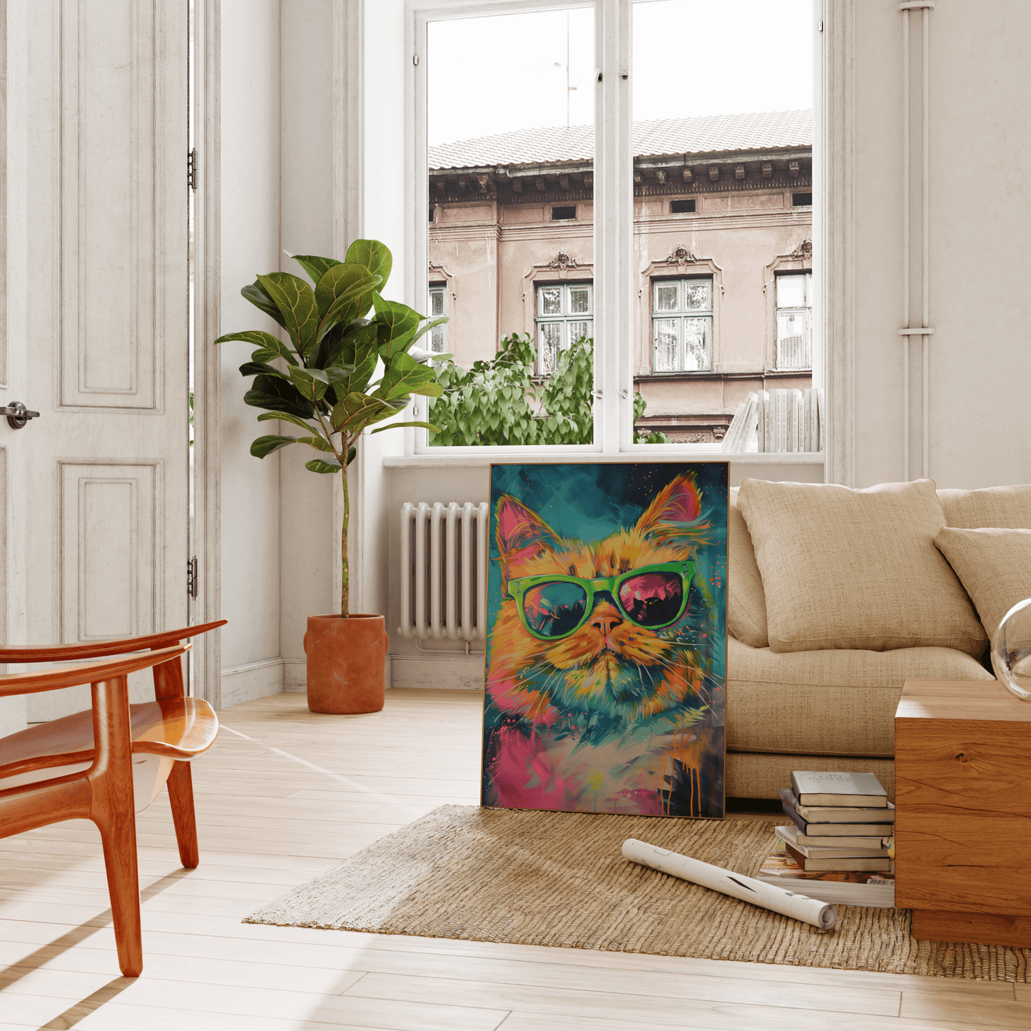 Paw Prints retro poster of an orange cat wearing green sunglasses, cyberpunk graffiti, leaning on a couch in the living room.