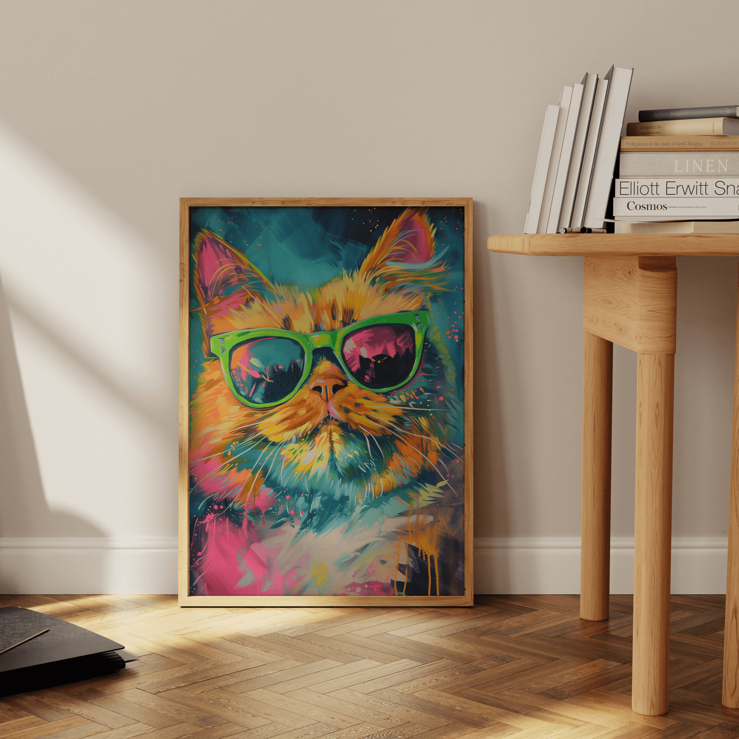 Paw Prints retro poster of an orange cat wearing green sunglasses, cyberpunk graffiti, leaning against the office floor.