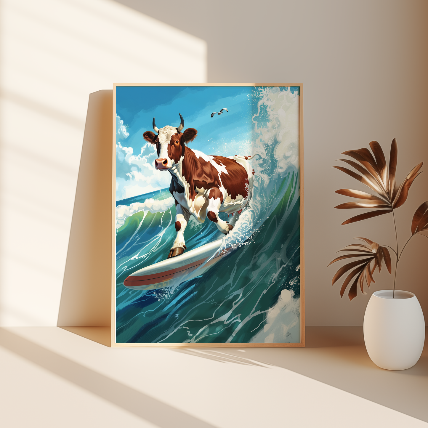 Paw Prints painting of a cow surfing on a wave in sunny San Diego, leaning against the bedroom floor.