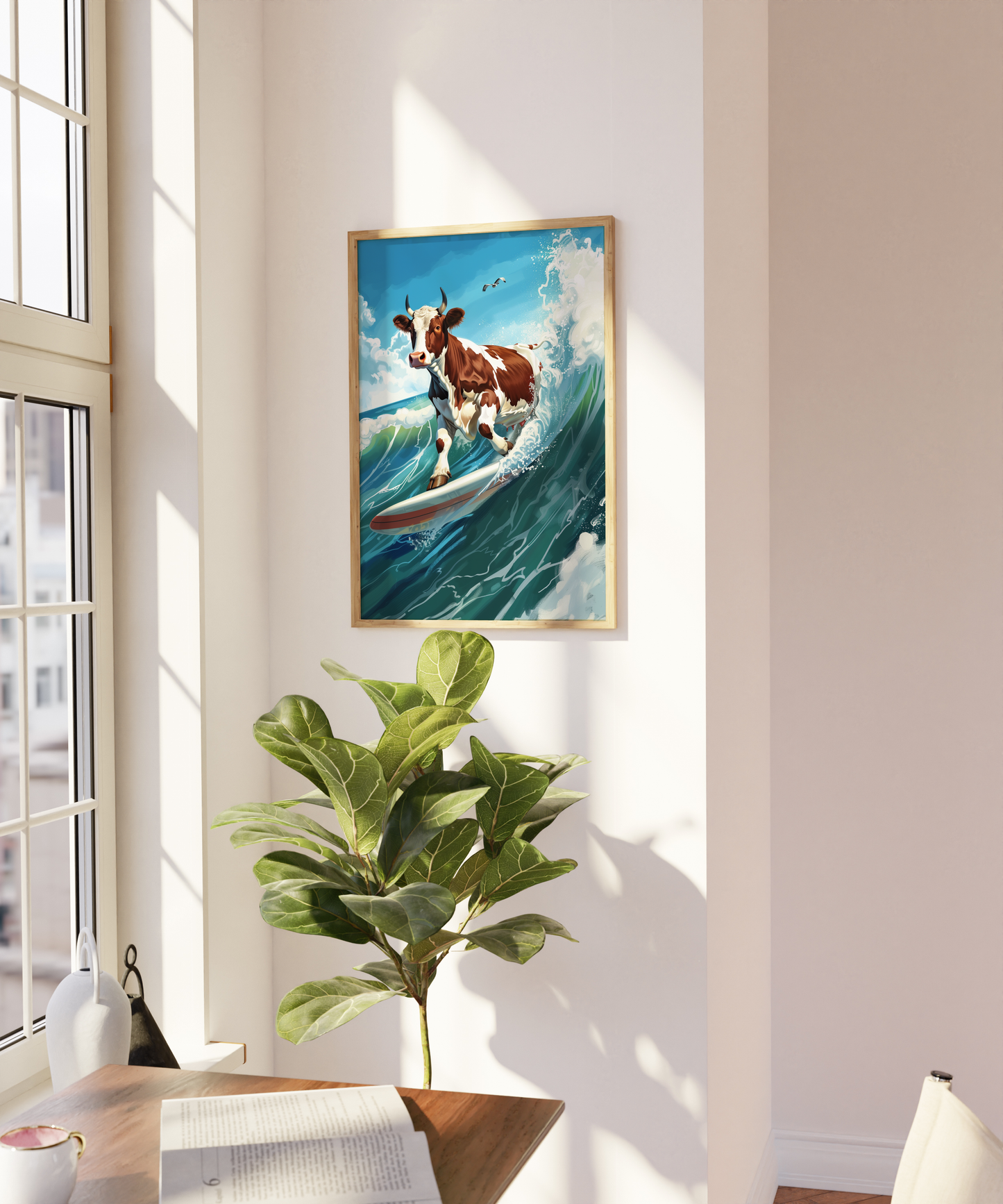Paw Prints painting of a cow surfing on a wave in sunny San Diego, on a blank wall.